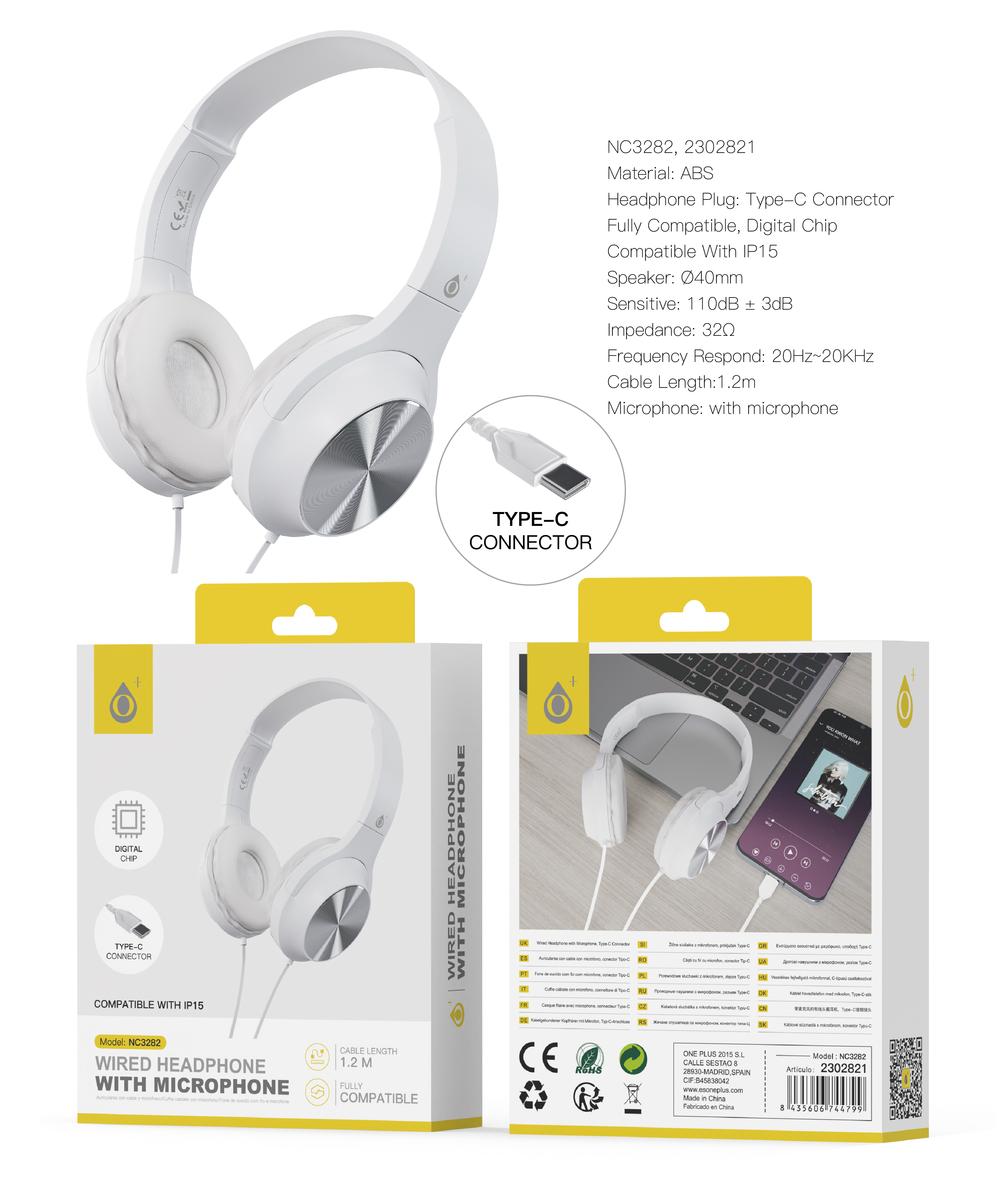 NC3282 BL Auriculares Casco Ilaria con Cable Type-C y Microfono, 1.2m, Compatible con Apple, Blanco