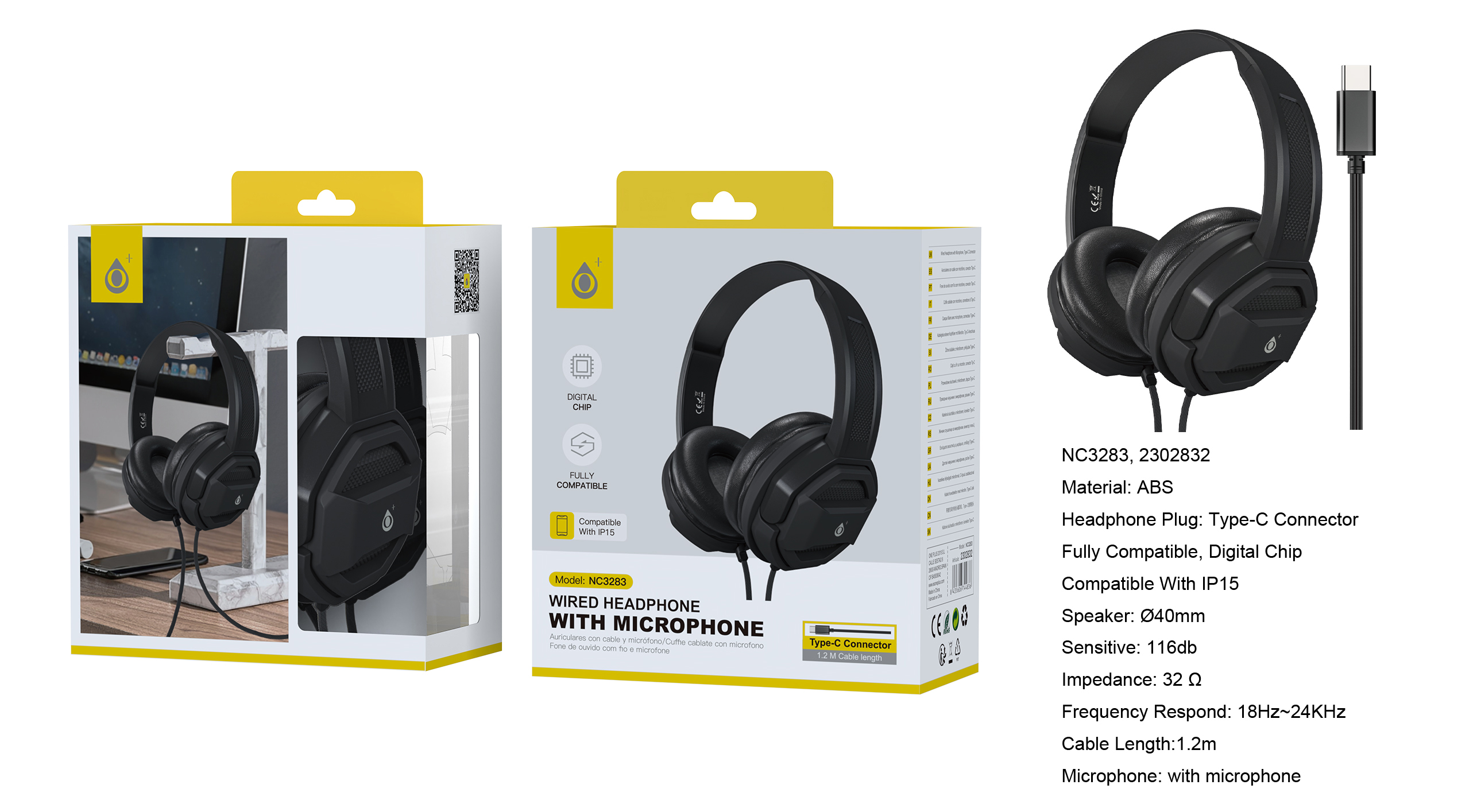 NC3283 NE Auriculares Casco Volker con Cable Type-C y microfono, Cable 1.2m, Negro