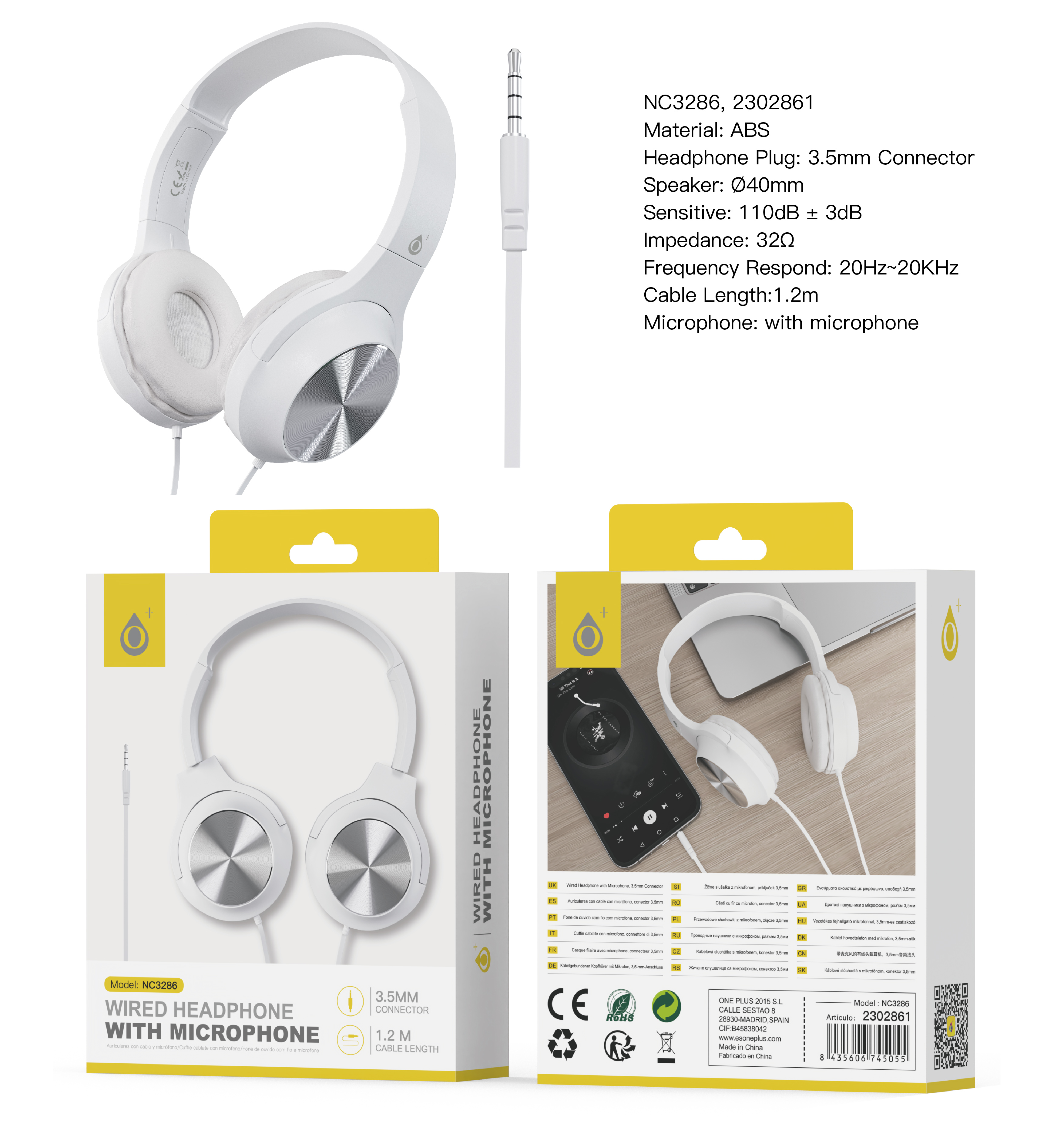 NC3286 BL Auriculares Casco Ilaria con Cable Jack 3.5mm y Microfono, 1.2m, Blanco