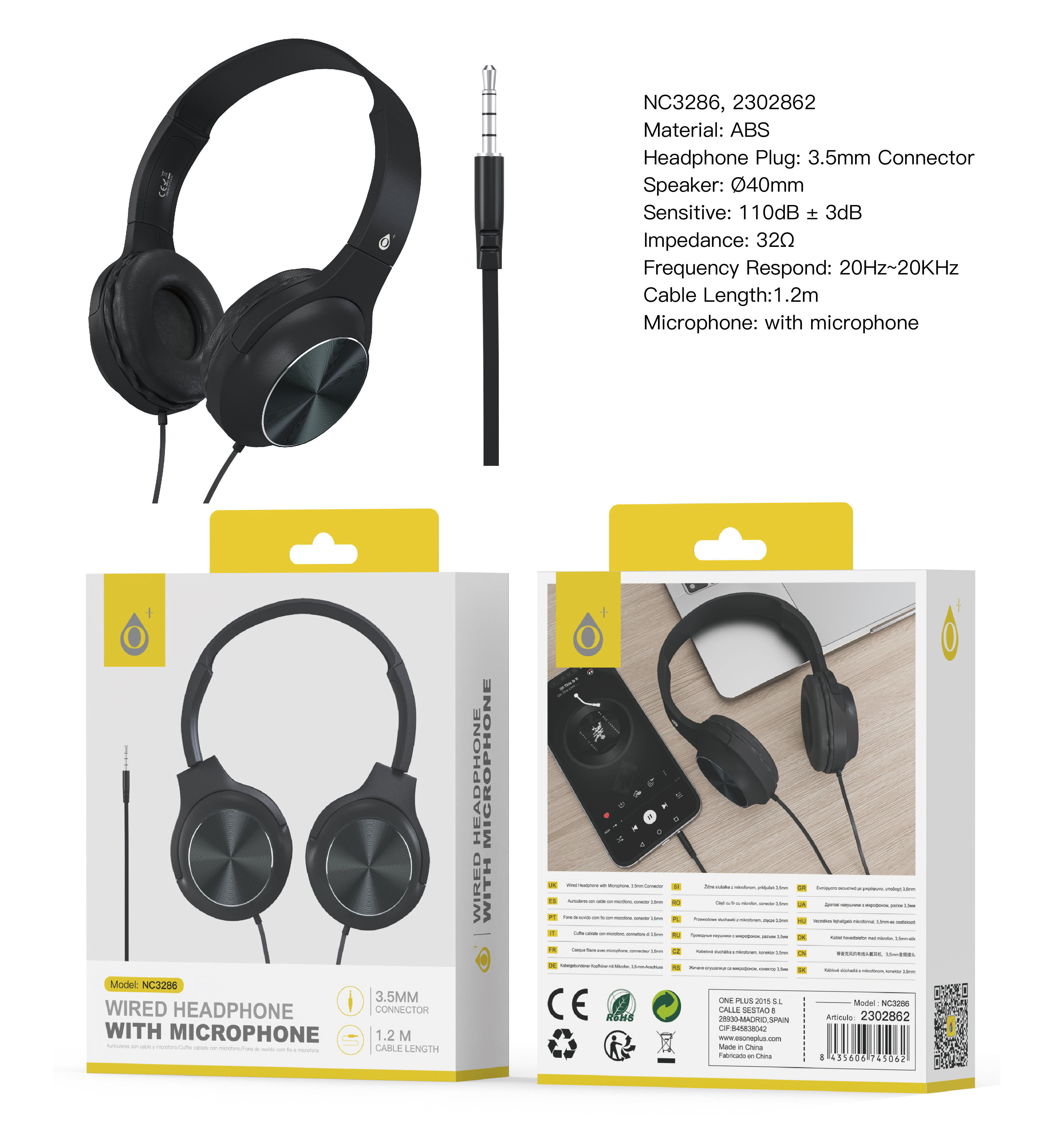 NC3286 NE Auriculares Casco Ilaria con Cable Jack 3.5mm y Microfono, 1.2m, Negro