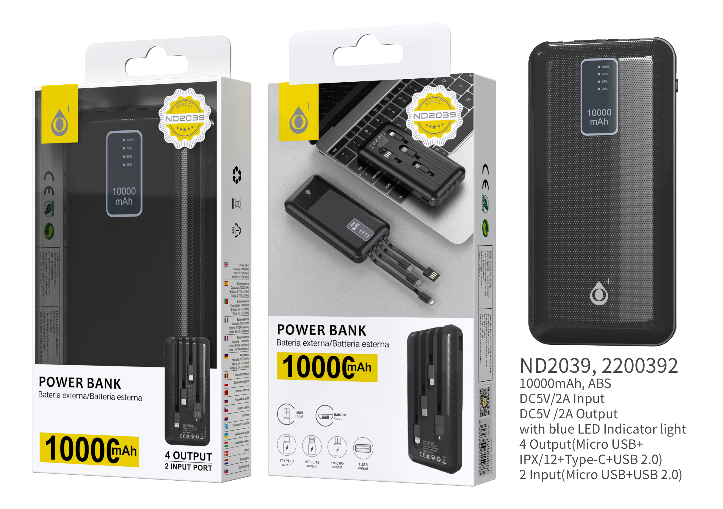 ND2039 NE Powerbank 10000mAh, 2 Entrada( Micro USB+USB), 4 salida (MicroUSB+ IP+ Type-C+ USB), con Indicador de LED Azul 5V, 2A,  Negro