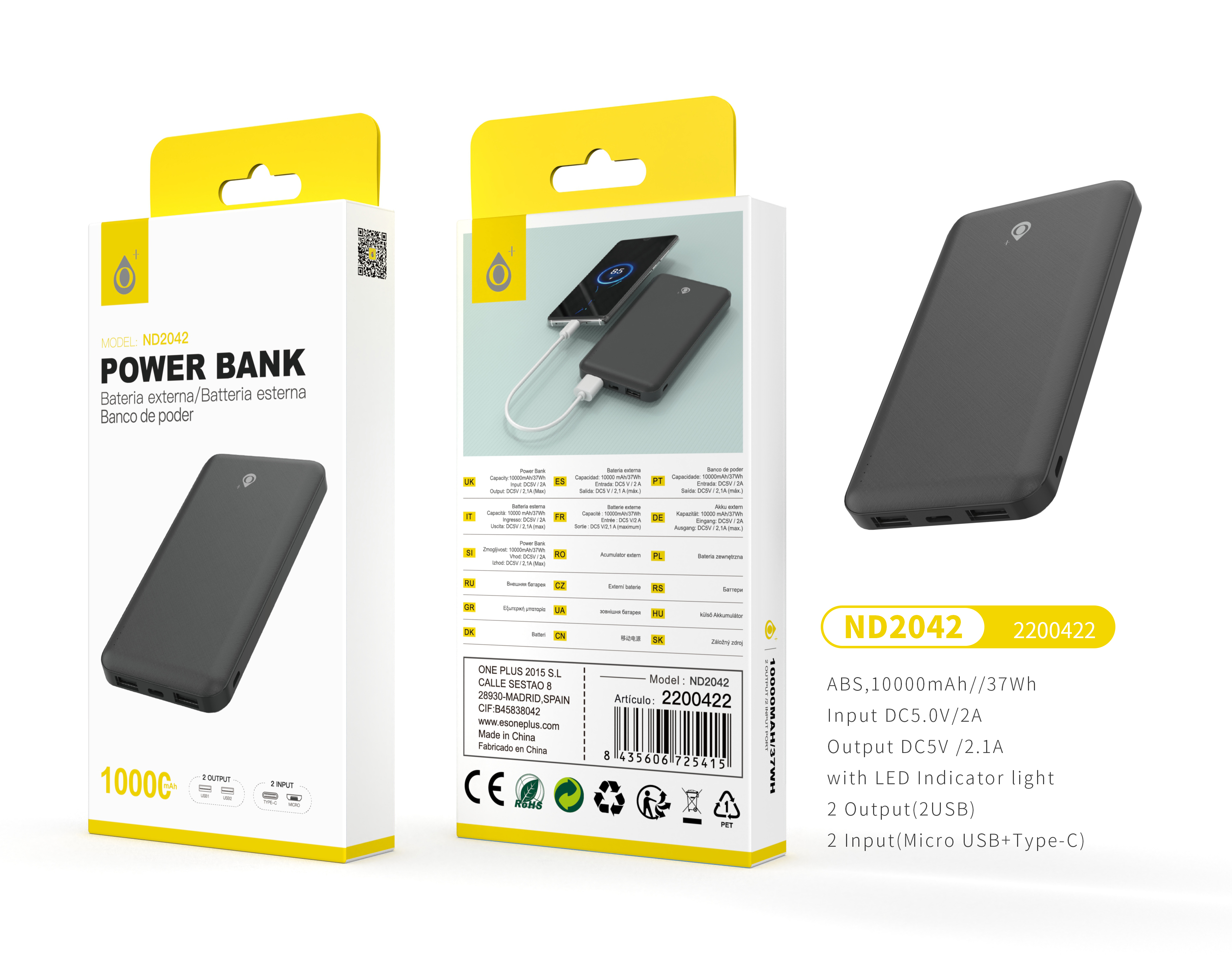 ND2042 NE PowerBank AXEL 10000mAh/37Wh,2entrada(Micro USB+Type-C)2 Salida(2USB),Negro