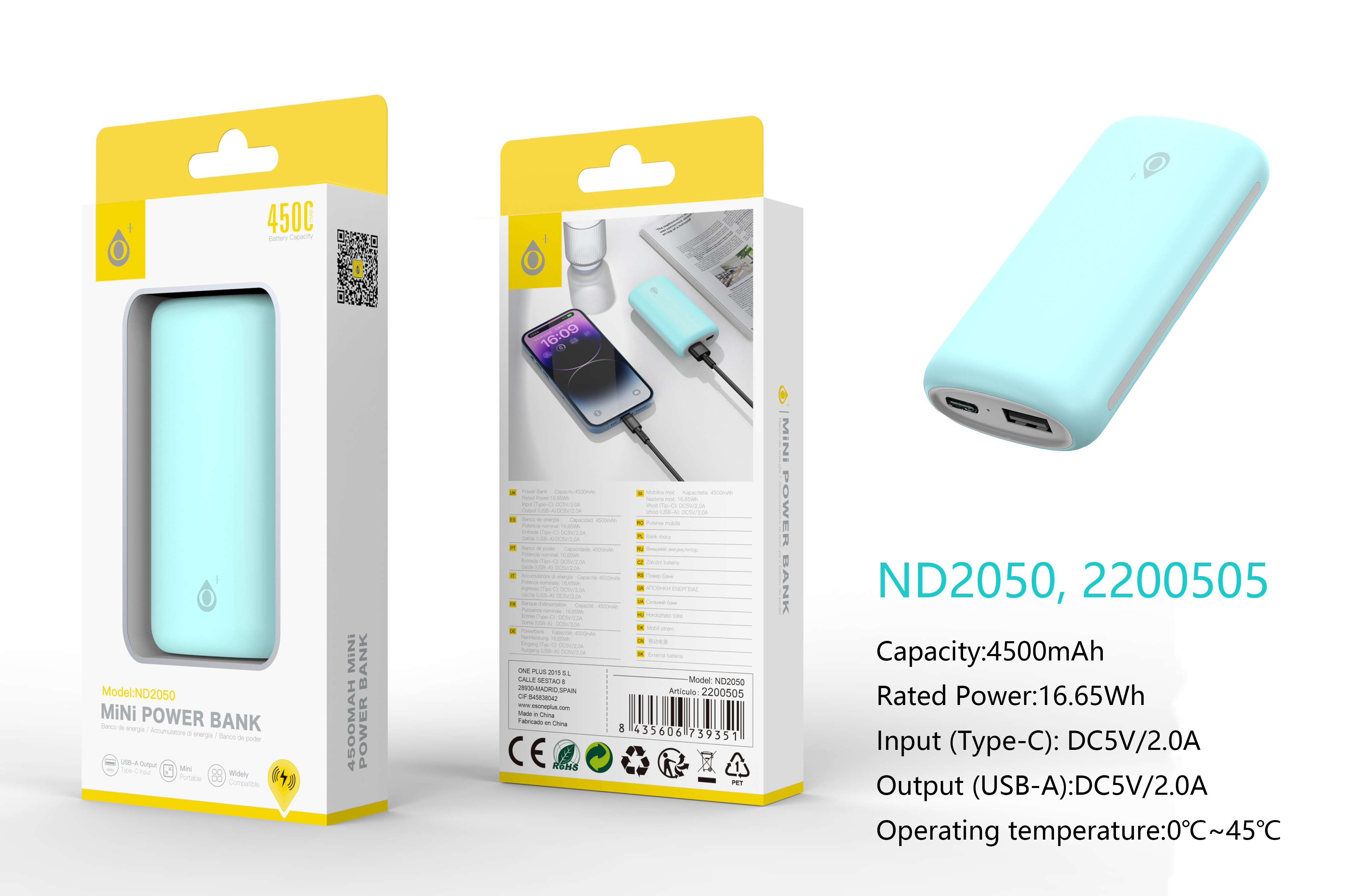 ND2050 AZ PowerBank 4500mAh/16.65Wh, 1 Entrada USB-C y 1 Salida 1USB-A, Azul