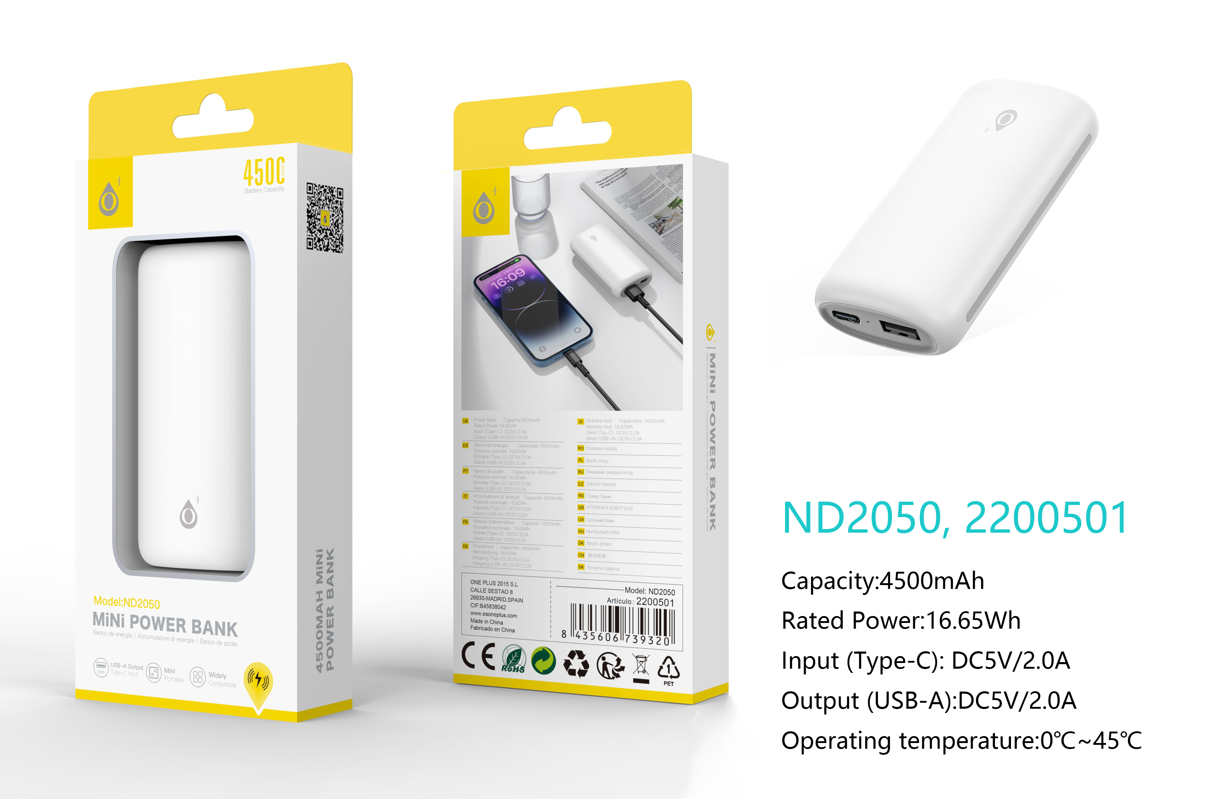 ND2050 BL PowerBank 4500mAh/16.65Wh, 1 Entrada USB-C y 1 Salida 1USB-A, Blanco