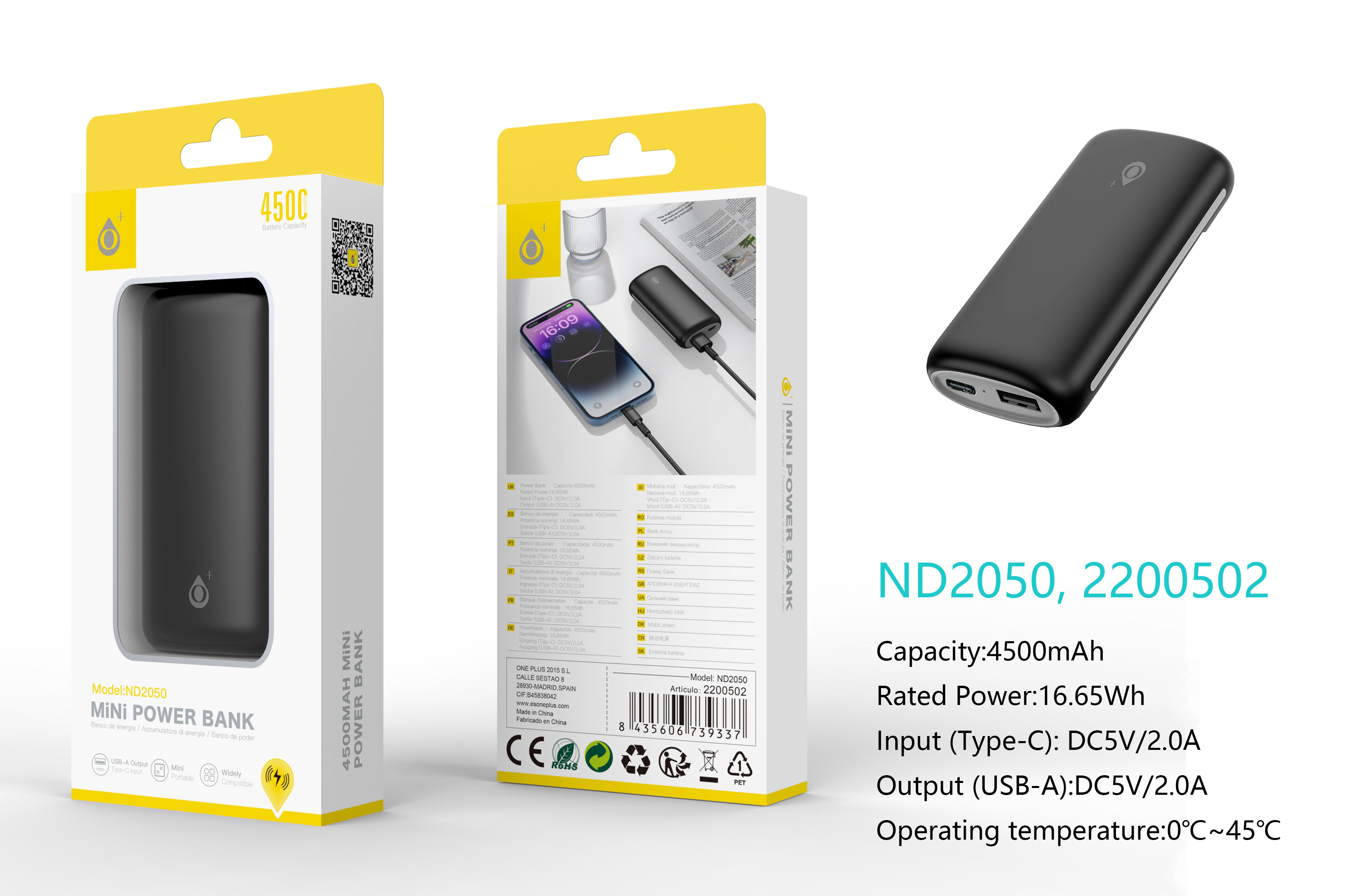 ND2050 NE PowerBank 4500mAh/16.65Wh, 1 Entrada USB-C y 1 Salida 1USB-A, Negro
