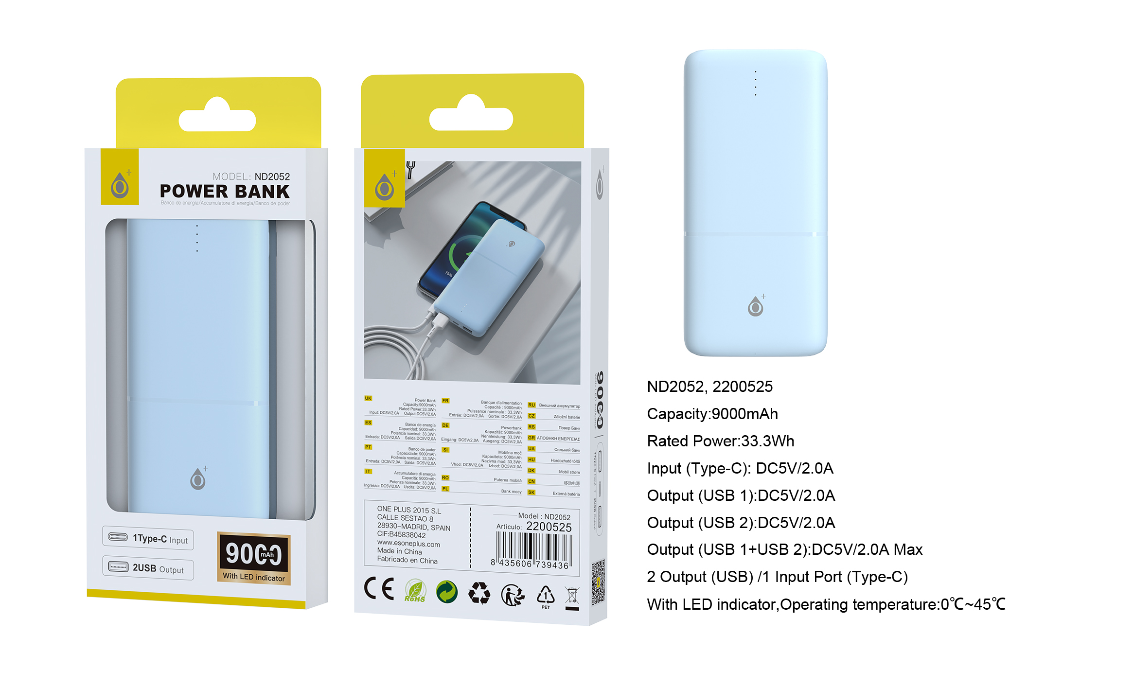 ND2052 AZ PowerBank Omar 9000mAh/33.3Wh Con Indicador LED, 1 entrada(Type-C), 2 salida(USB-A), Azul