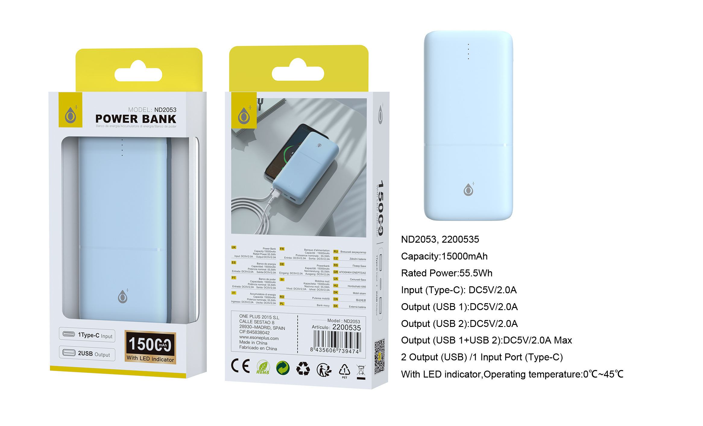 ND2053 AZ PowerBank Omar 15000mAh/55.5Wh Con Indicador LED, 1 entrada(Type-C), 2 salida(USB-A), Azul