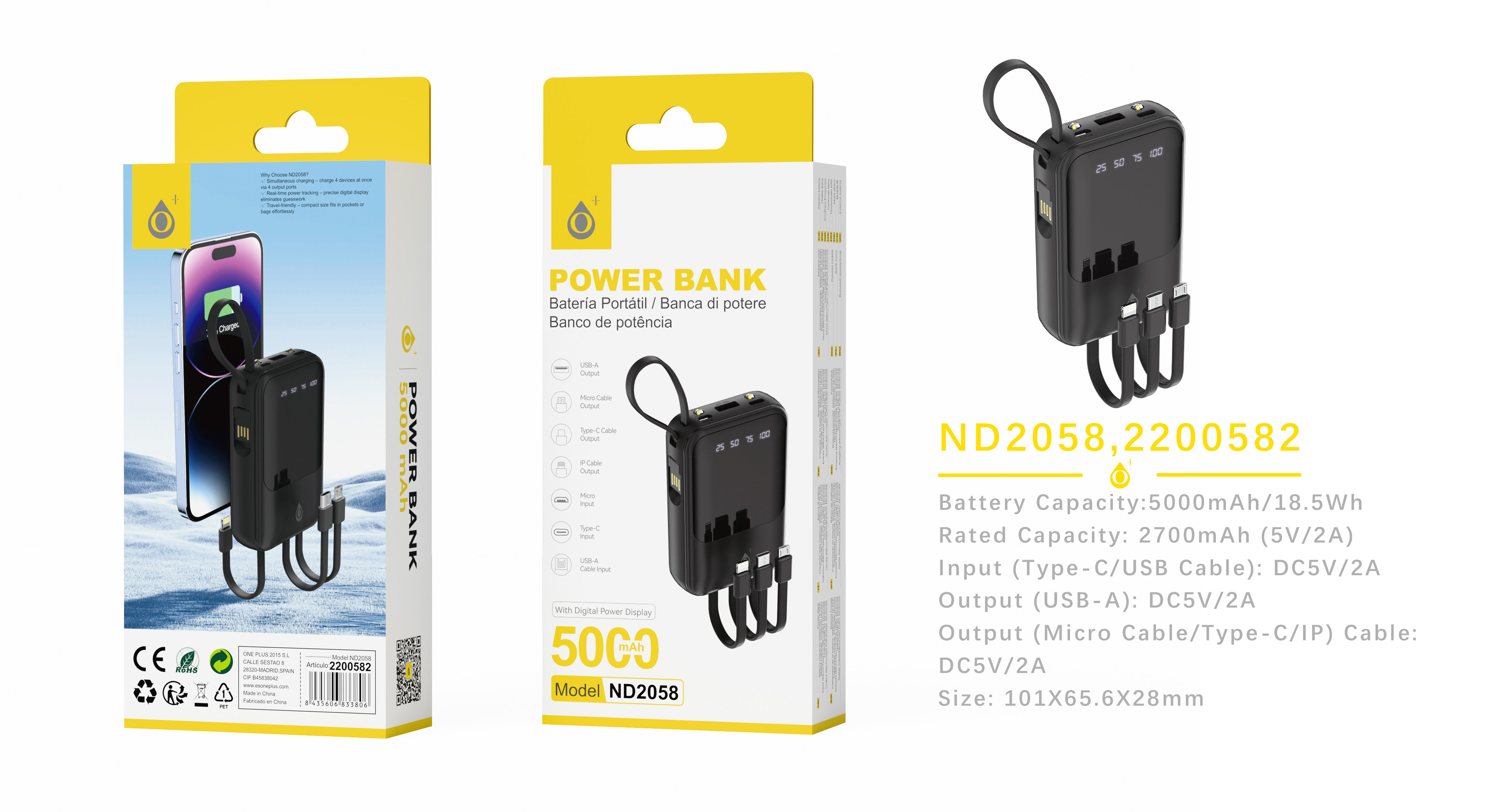 ND2058 NE Powerbank 5000mAh con indicador Led, 3 conexciones de entrada + 4 de salida, Negro
