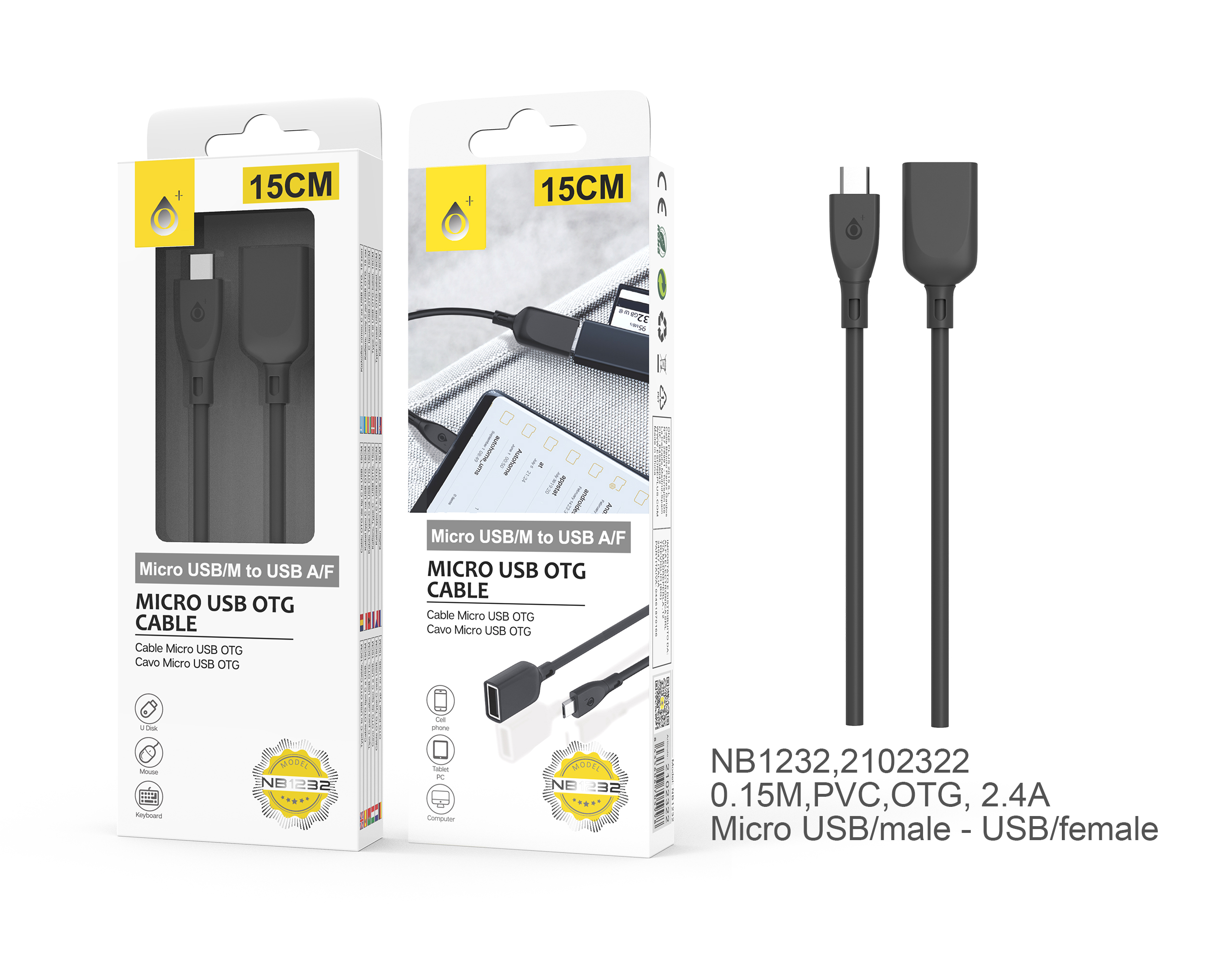 NE NB1232 Cable OTG a Mirco USB,0,15M,Negro