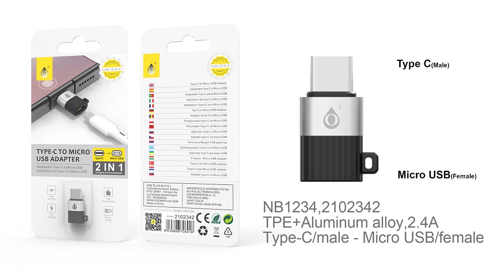 NE NB1234 Adaptador  Micro USB a TYPE C ,Negro