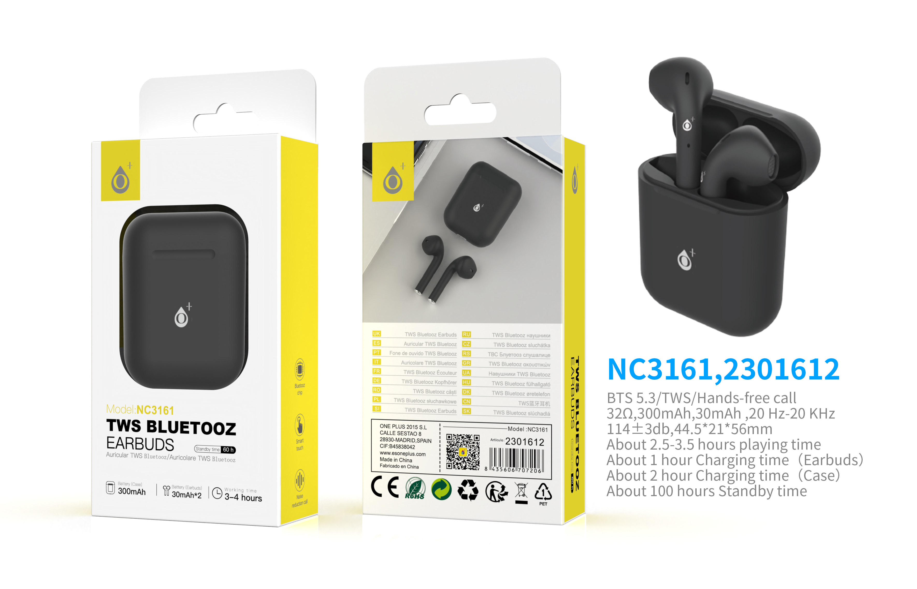 NE NC3161 Auriculares Bluetooth Roulis 5,0  TWS PURSE Con Boton Tactil Multifuncional, Bateria 30mAh*2 para 3-4 horas de uso, Con Estuche 300mAh Recar