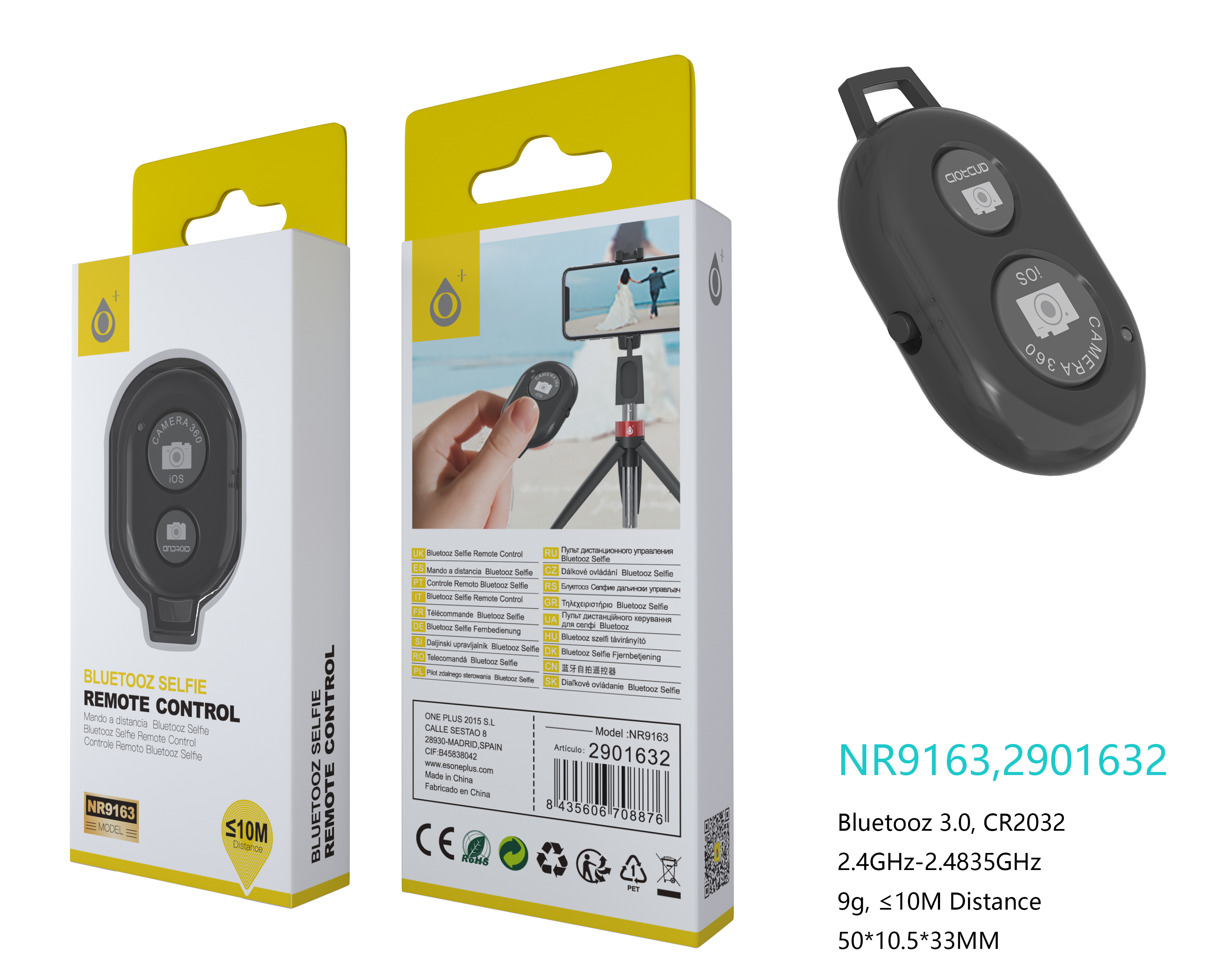 NE NR9163 Control Remoto Bluetooth de C¨¢mara para Moviles y Tablets,?mando a Distancia para Selfie, Compatible Con Android Y IOS, Negro