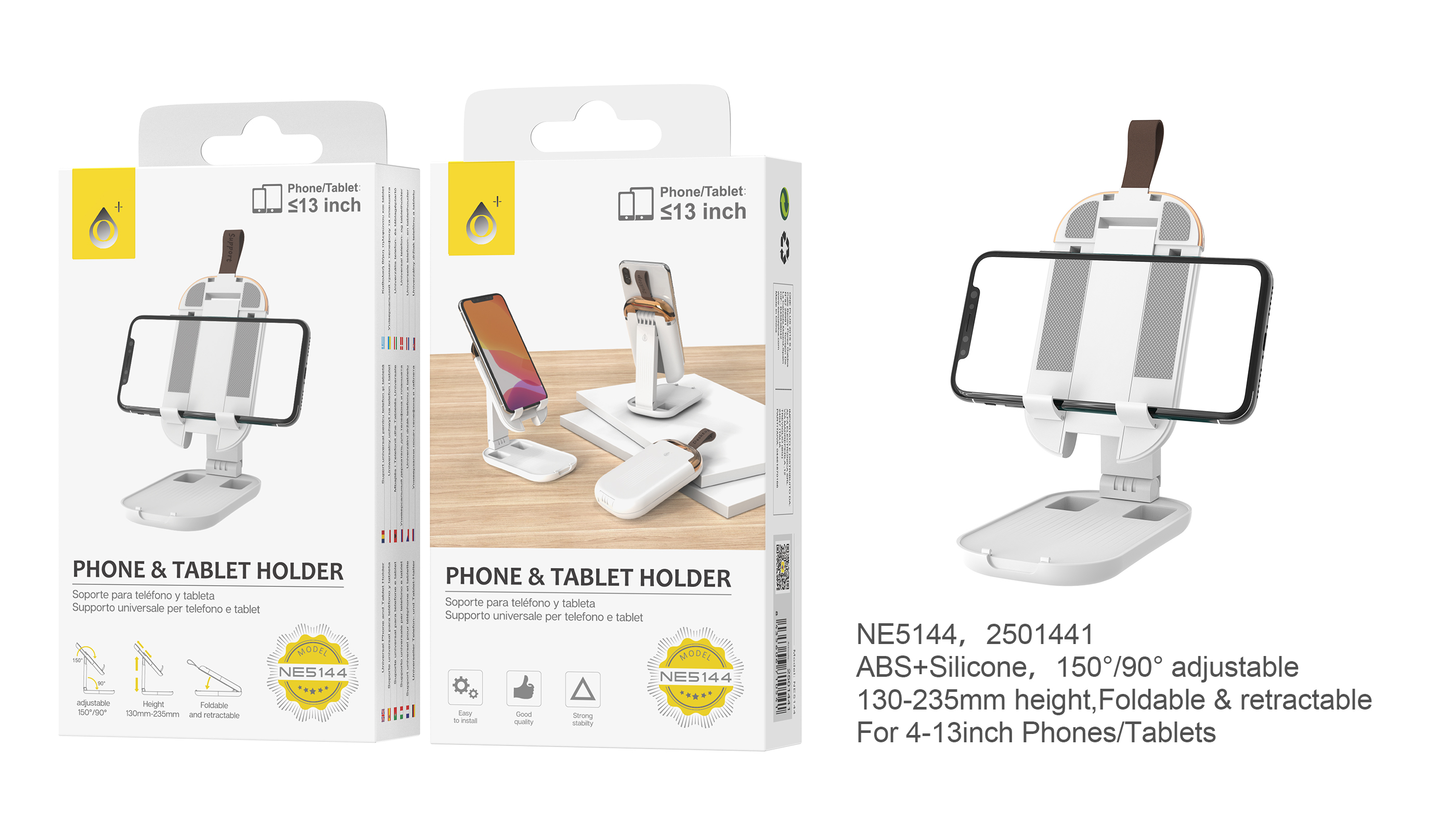 NE5144 BL Soporte para teléfonos moviles y tablet de 4-13 pulgadas, Plegable y Retráctil, Con 13-23,5cm ajuste de Altura y  Ángulo de 90º/150º, BLANCO