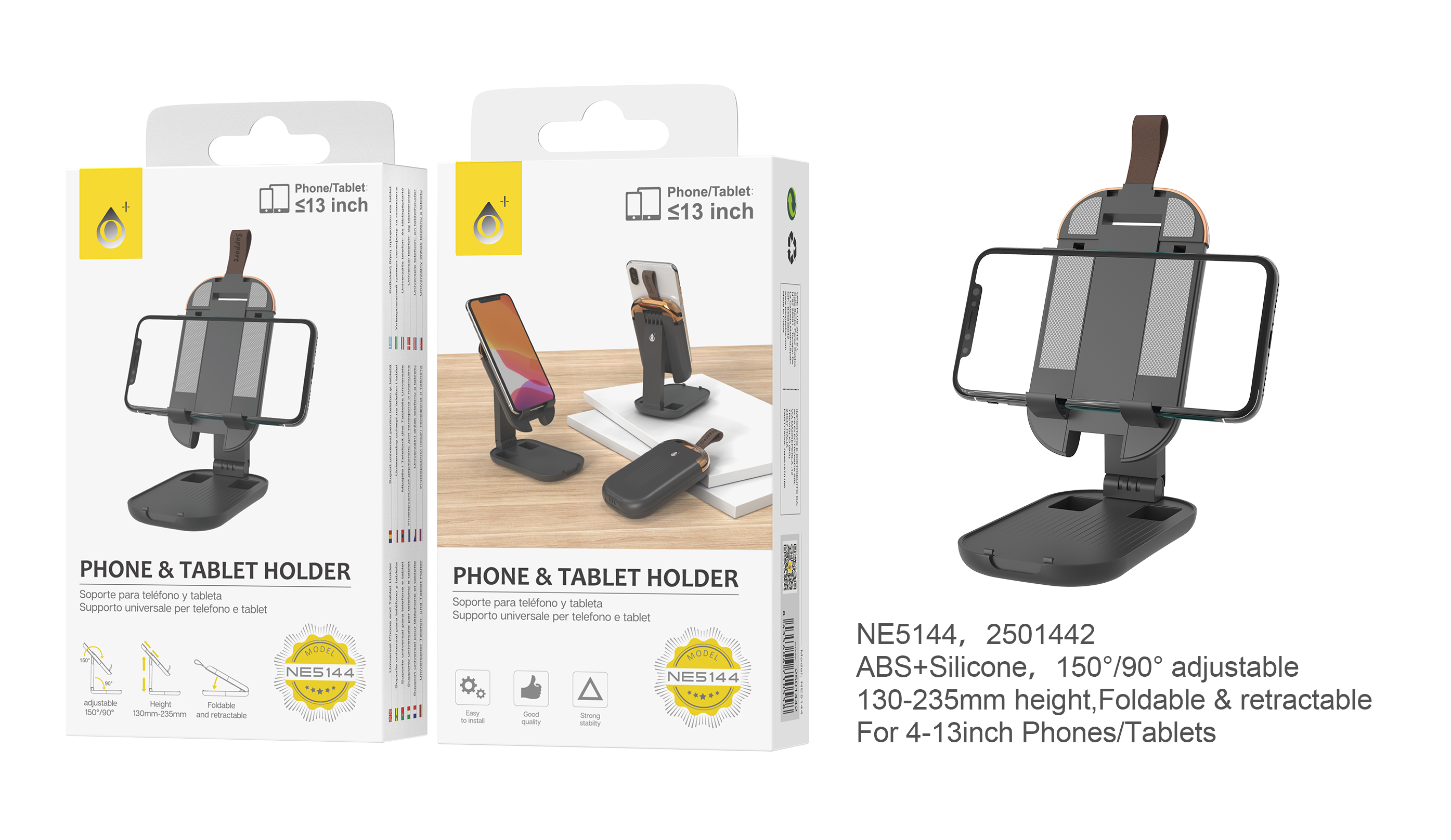 NE5144 NE Soporte para teléfonos moviles y tablet de 4-13 pulgadas, Plegable y Retráctil, Con 13-23,5cm ajuste de Altura y  Ángulo de 90º/150º, NEGRO