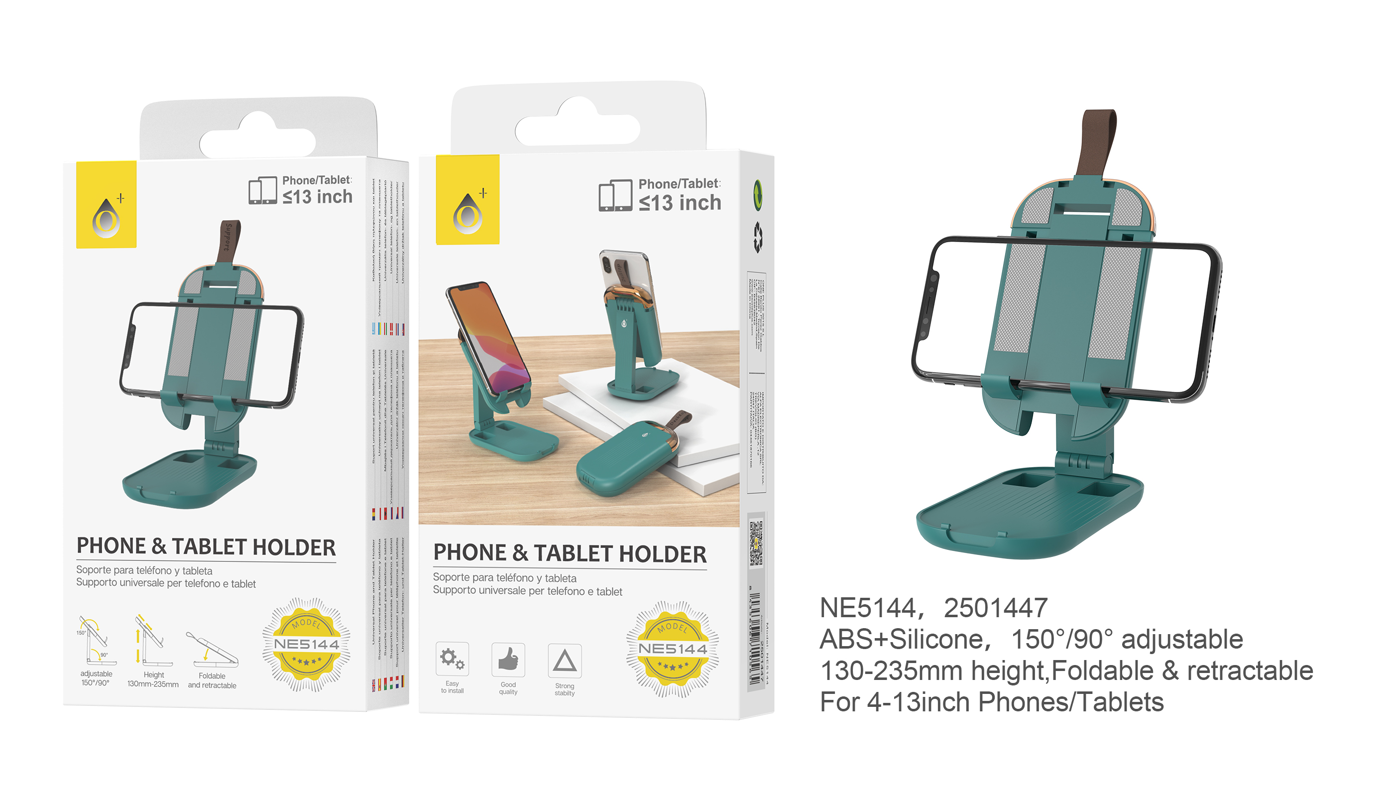 NE5144 VE Soporte para teléfonos moviles y tablet de 4-13 pulgadas, Plegable y Retráctil, Con 13-23,5cm ajuste de Altura y  Ángulo de 90º/150º, VERDE