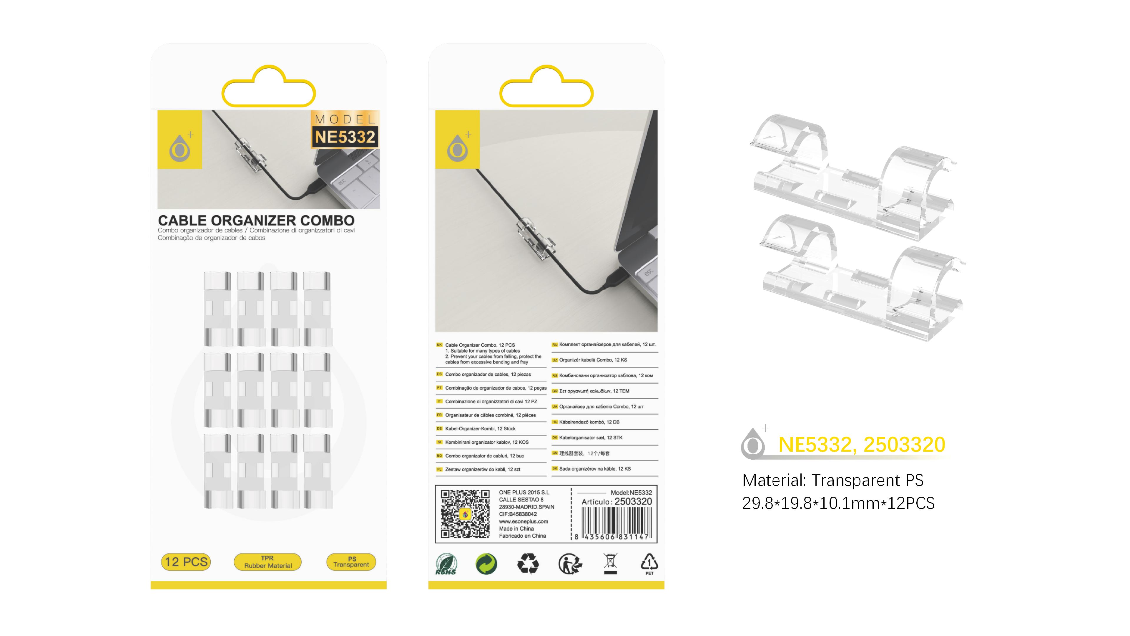 NE5332 TR Organizador de cable transparente Adhesivos 12 pcs, Transparente