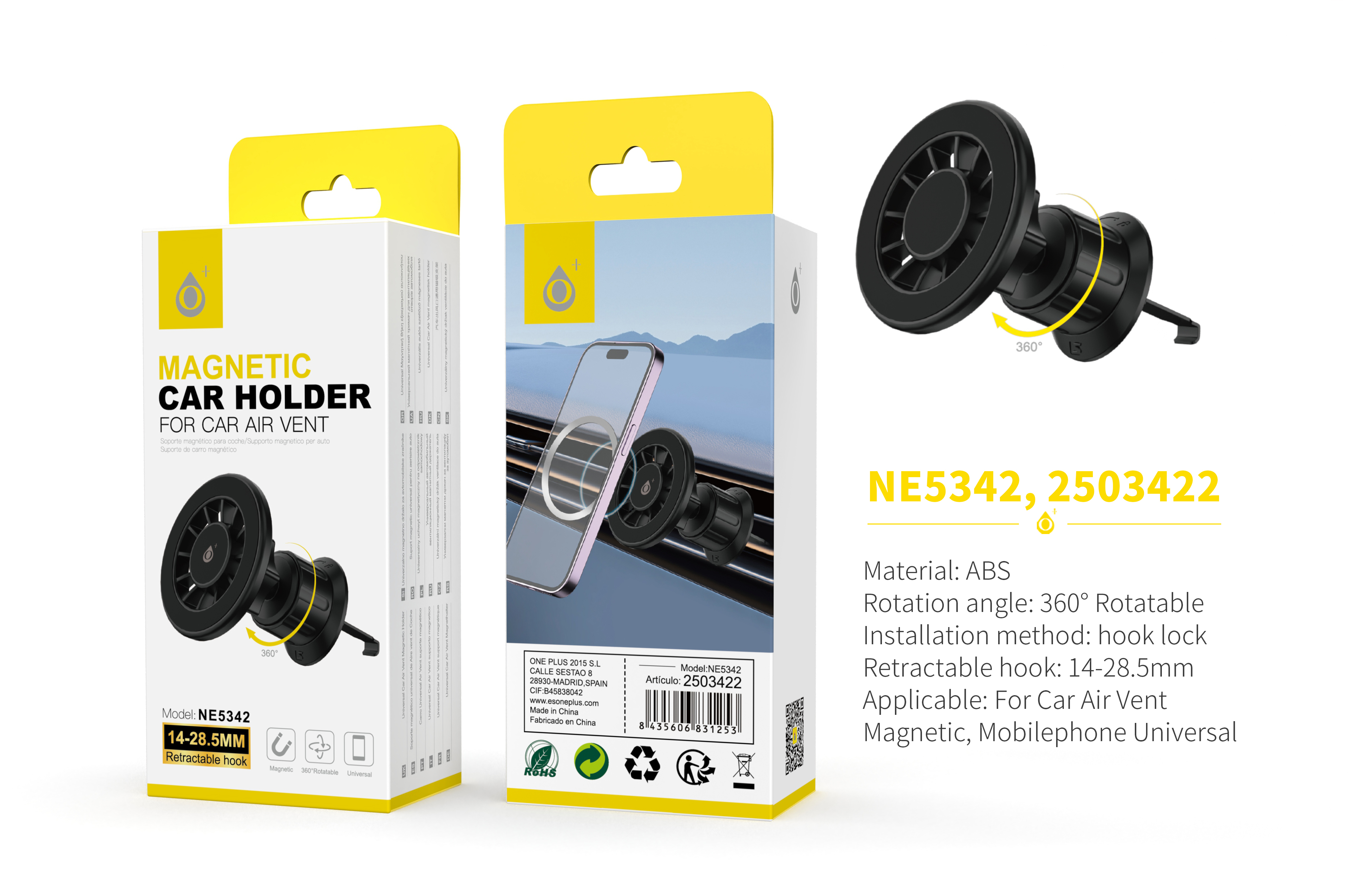 NE5342 NE Soporte universal de movil magnetico para airvent de coche, retractil 14-28.5mm, ajustable