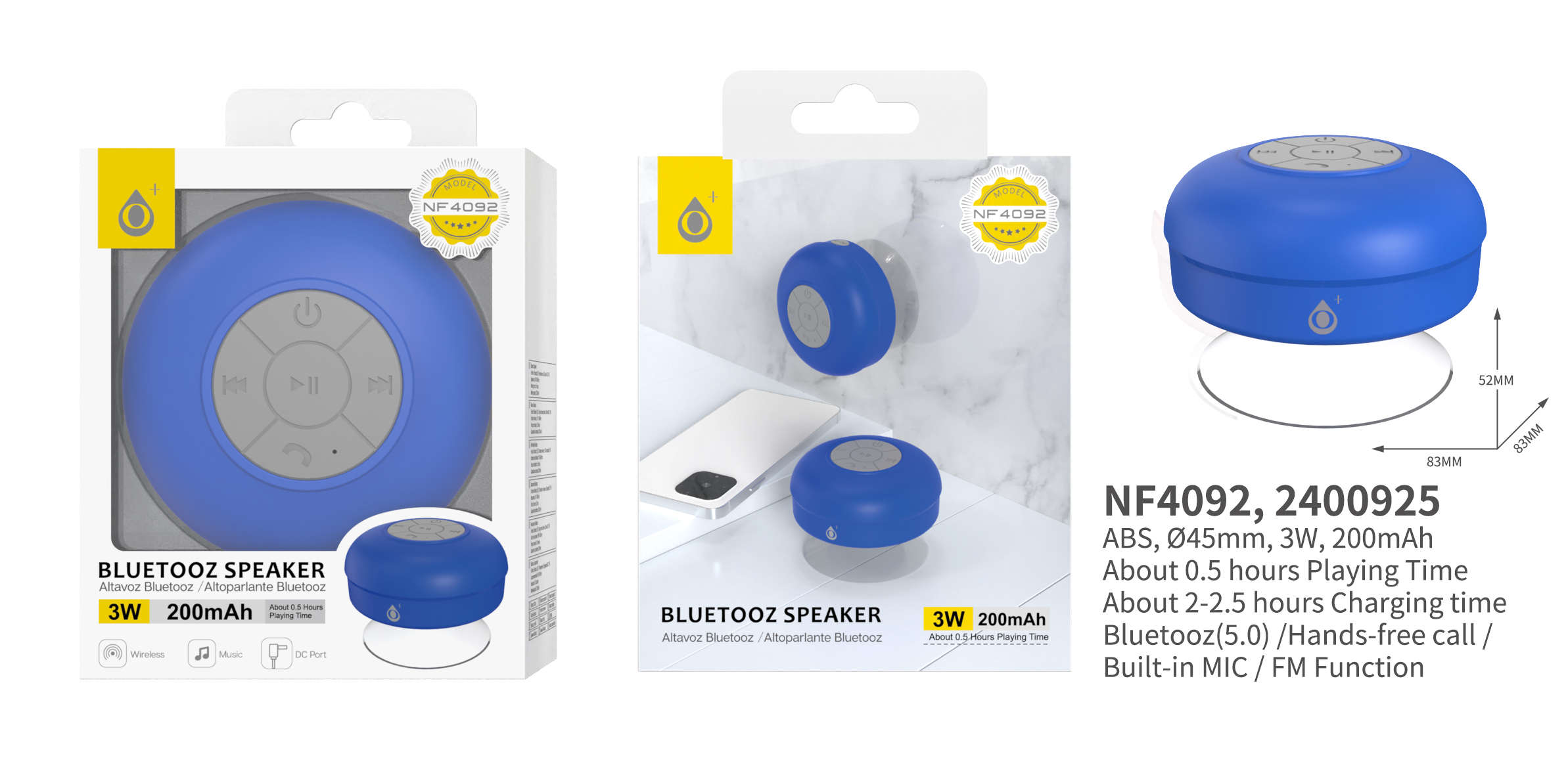 NF4092 AZ Mini Altavoz Bluetooth 5.0 , Soporta Mano libre/Entrada de microfono/FM, 3W/200mAh, Azul
