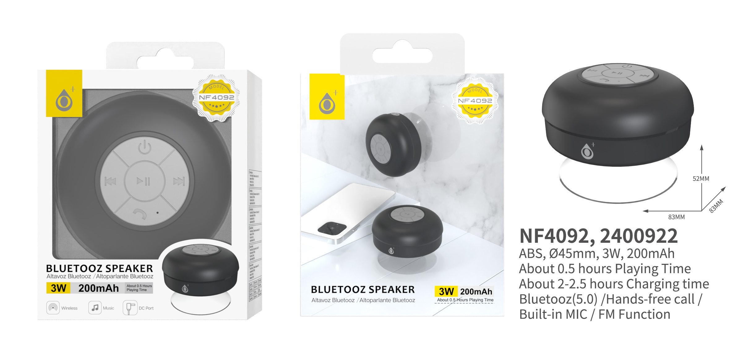 NF4092 NE Mini Altavoz Bluetooth 5.0 , Soporta Mano libre/Entrada de microfono/FM, 3W/200mAh, Negro