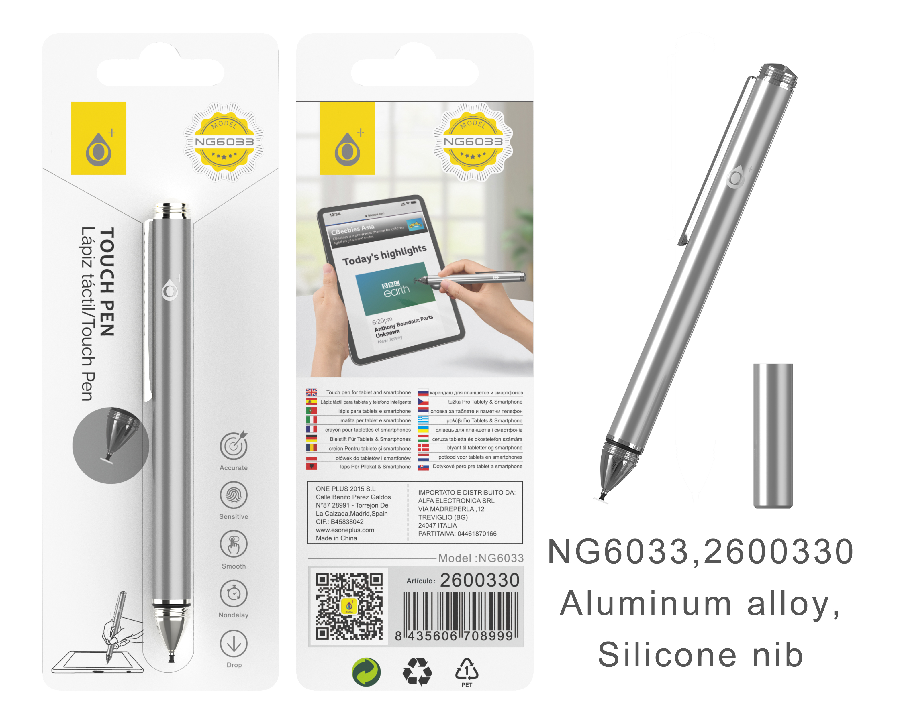 NG6033 PL Puntero Aluminio Fino con Punta de Disco Silicona para Moviles y Tablets, Plata