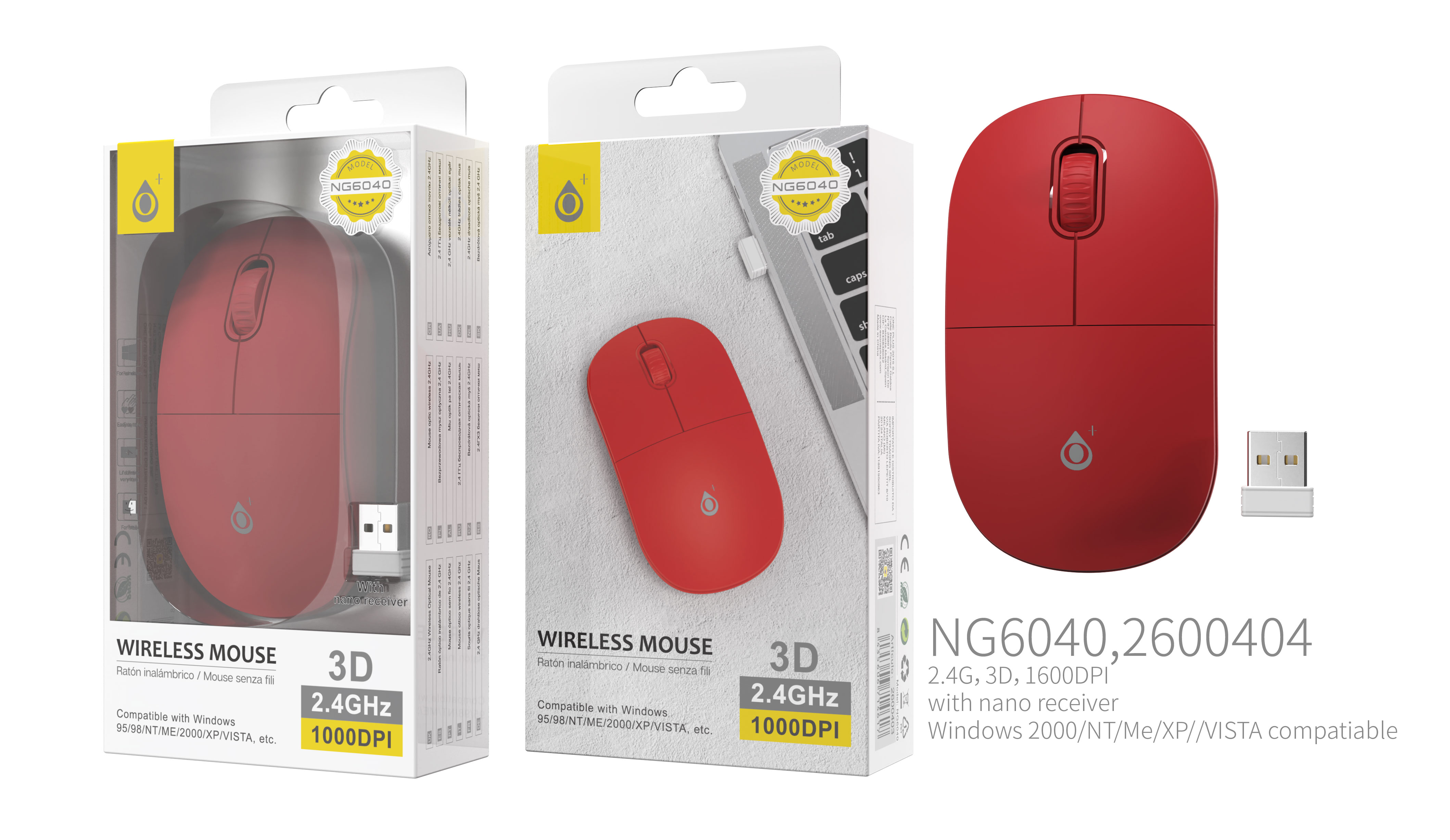 NG6040 RJ Ratón Inalámbrico Rubber, 2.4GHz, con nano receptor, 1000 DPI, Rojo