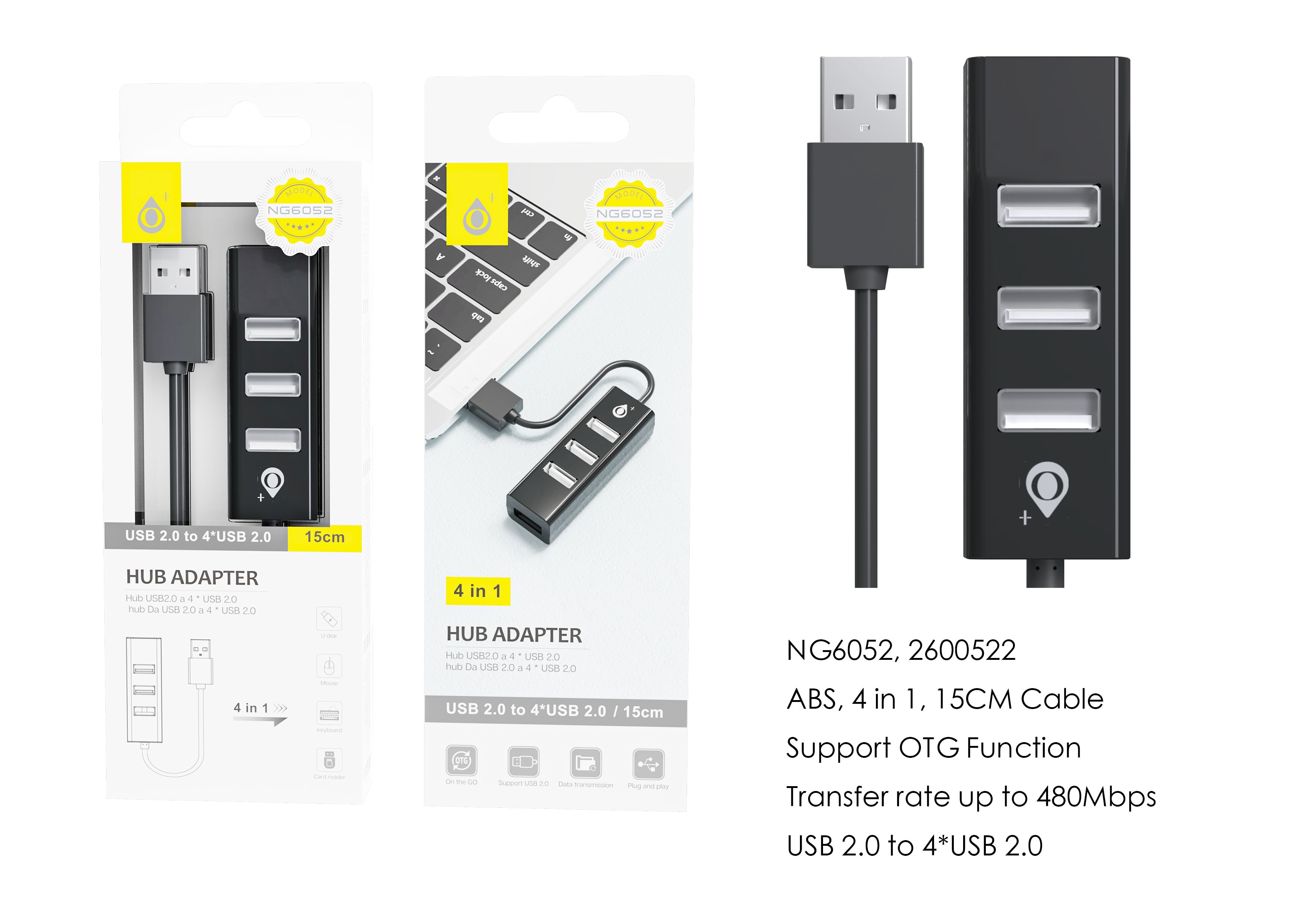 NG6052 NE lector USB Hub con 4 entrada USB Compatible con  OTG ,Negro