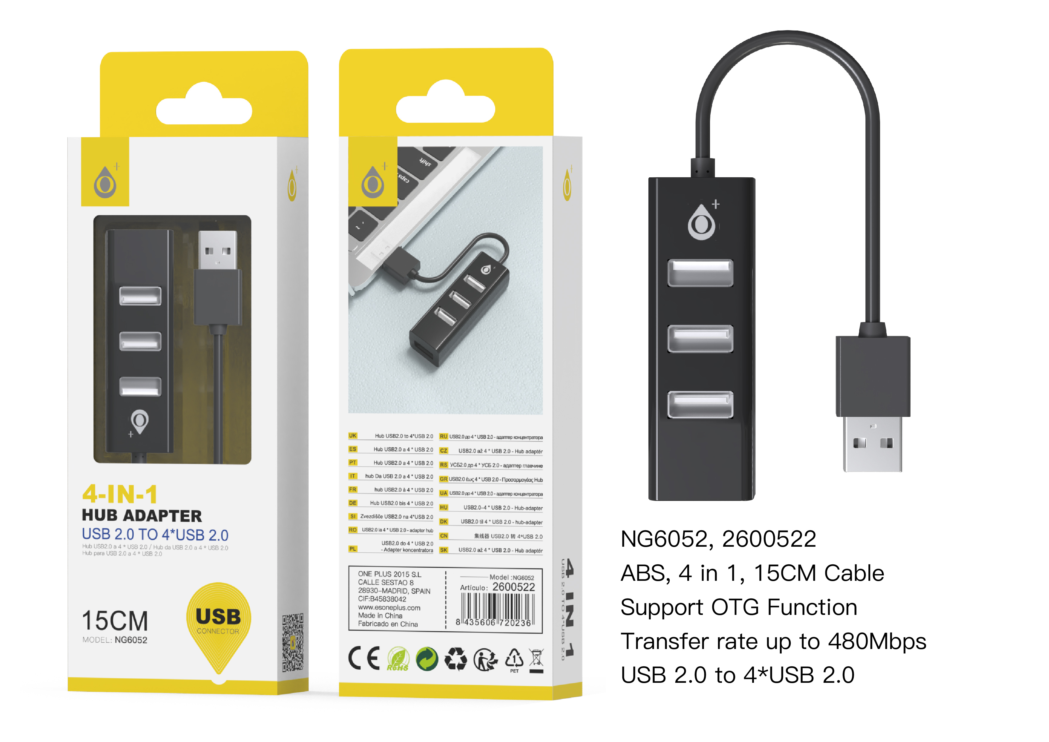 NG6052 NE lector USB Hub con 4 entrada USB Compatible con  OTG ,Negro