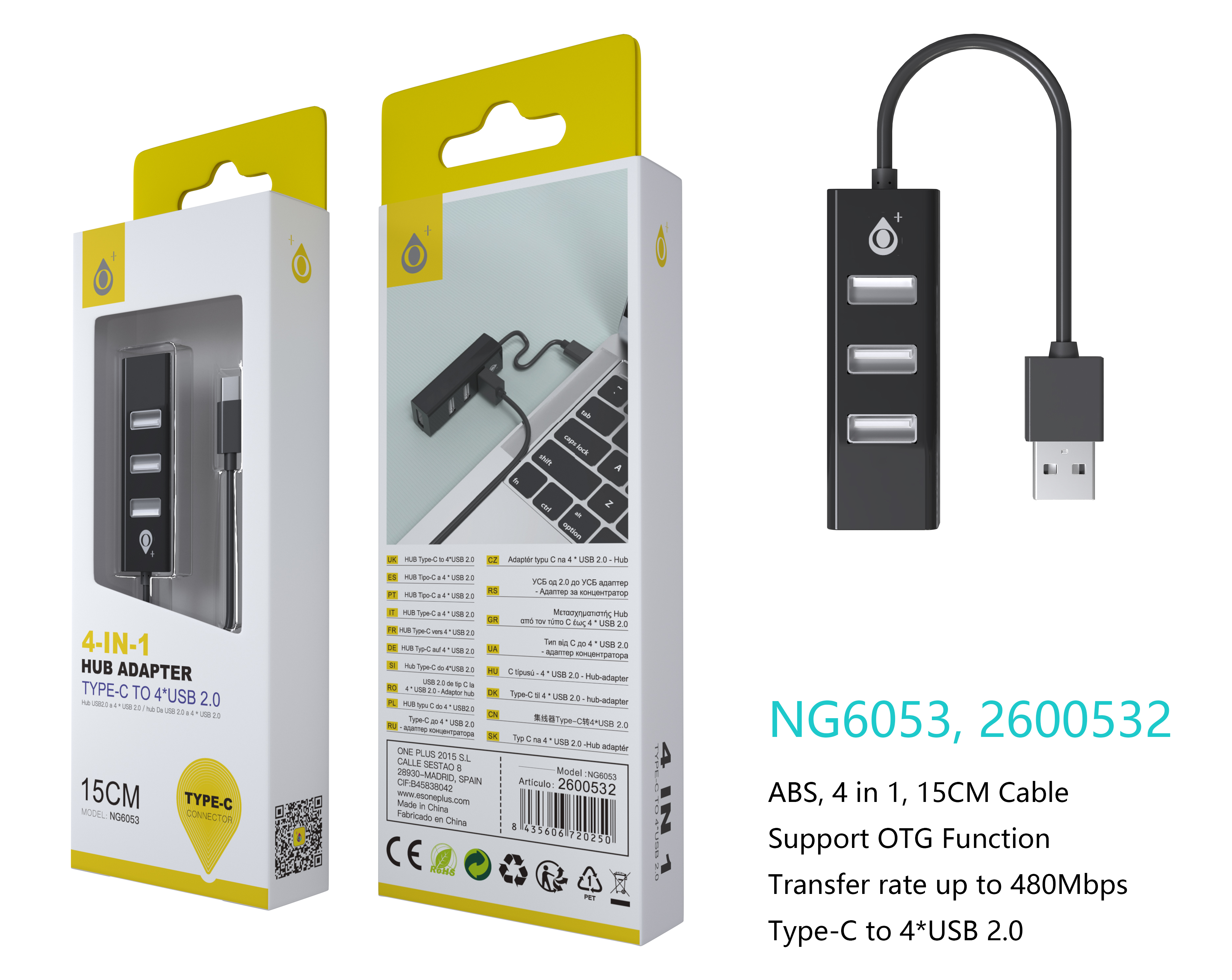 NG6053 NE lector TYPE-C Hub 4 entrada USB Compatible con  OTG ,Negro