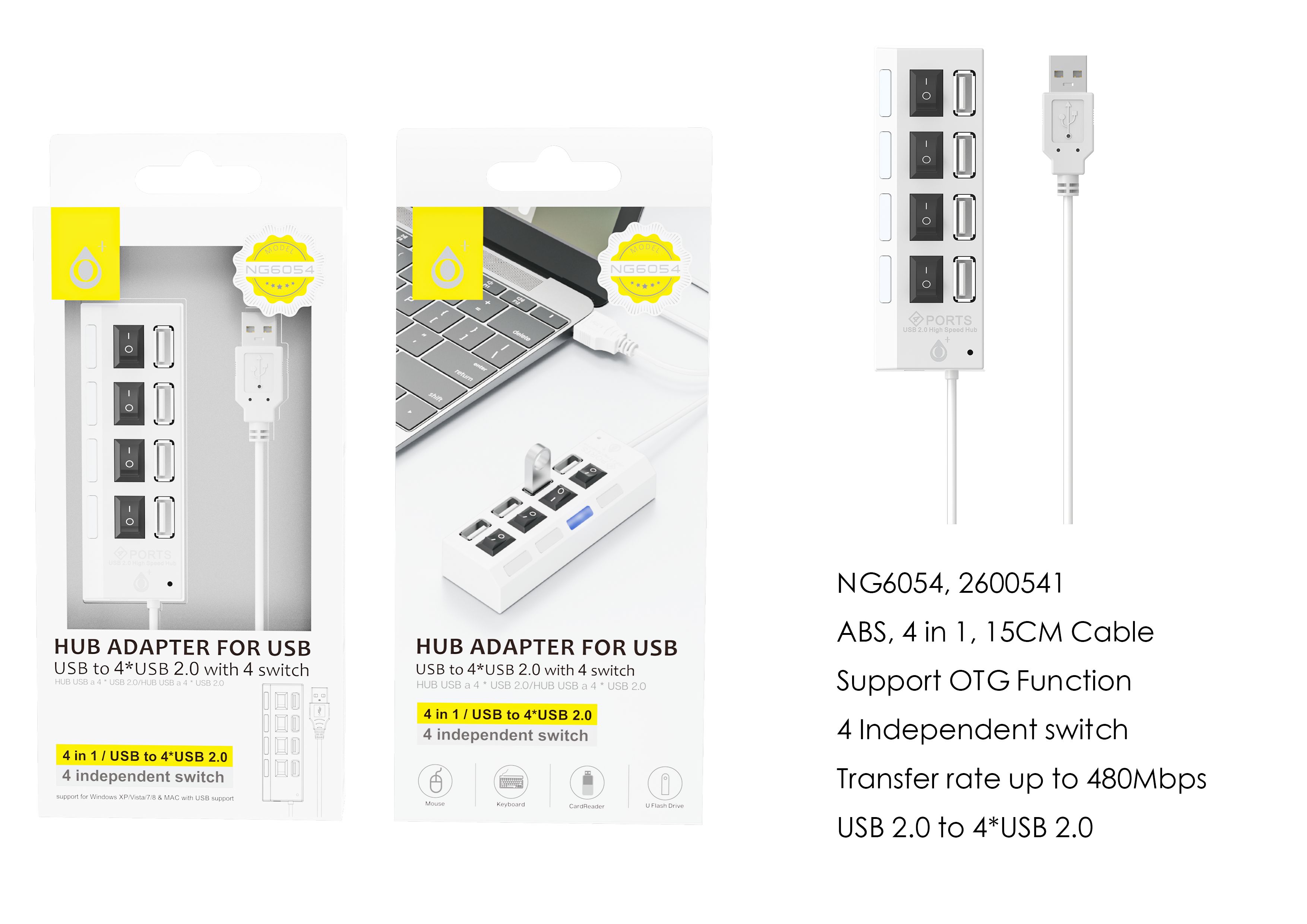 NG6054 BL lector USB Hub con 4 entrada USB Con Interruptor ON/OFF  ,Blanco