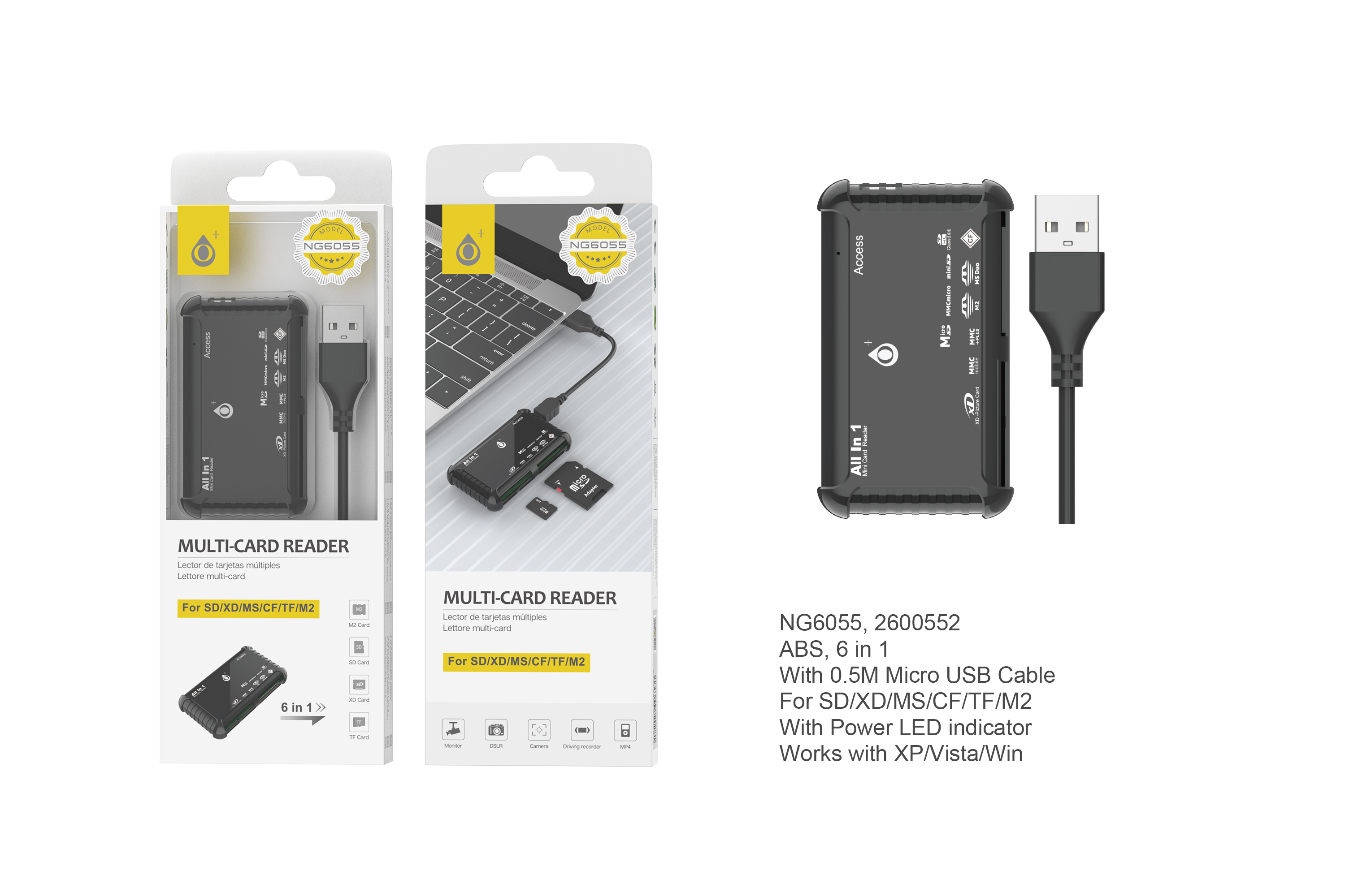 NG6055 NE Lector Multiple de Tarjetas SD/XD/MS/CF/TF/M2 Con cable USB,Negro