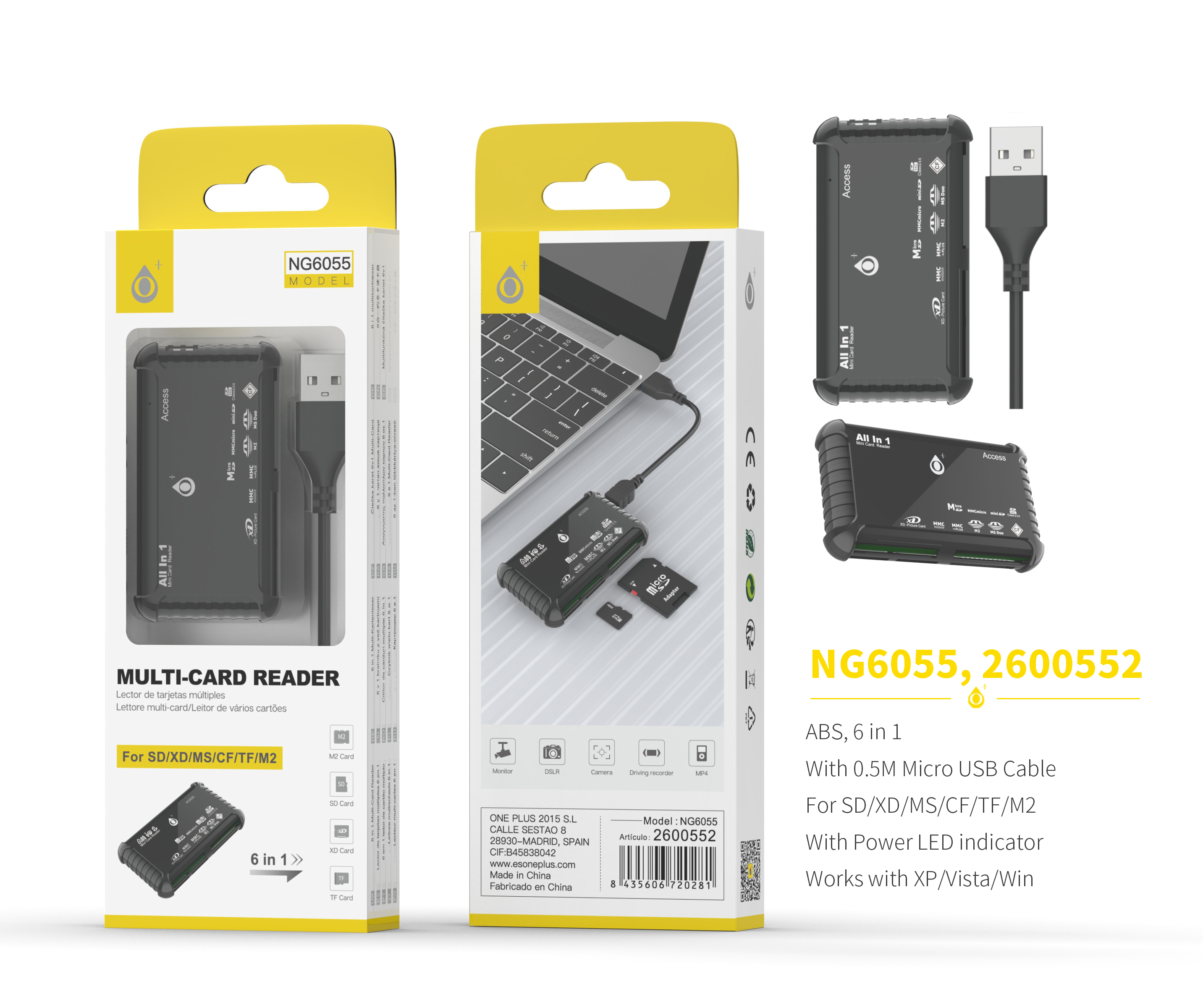 NG6055 NE Lector Multiple de Tarjetas SD/XD/MS/CF/TF/M2 Con cable USB,Negro