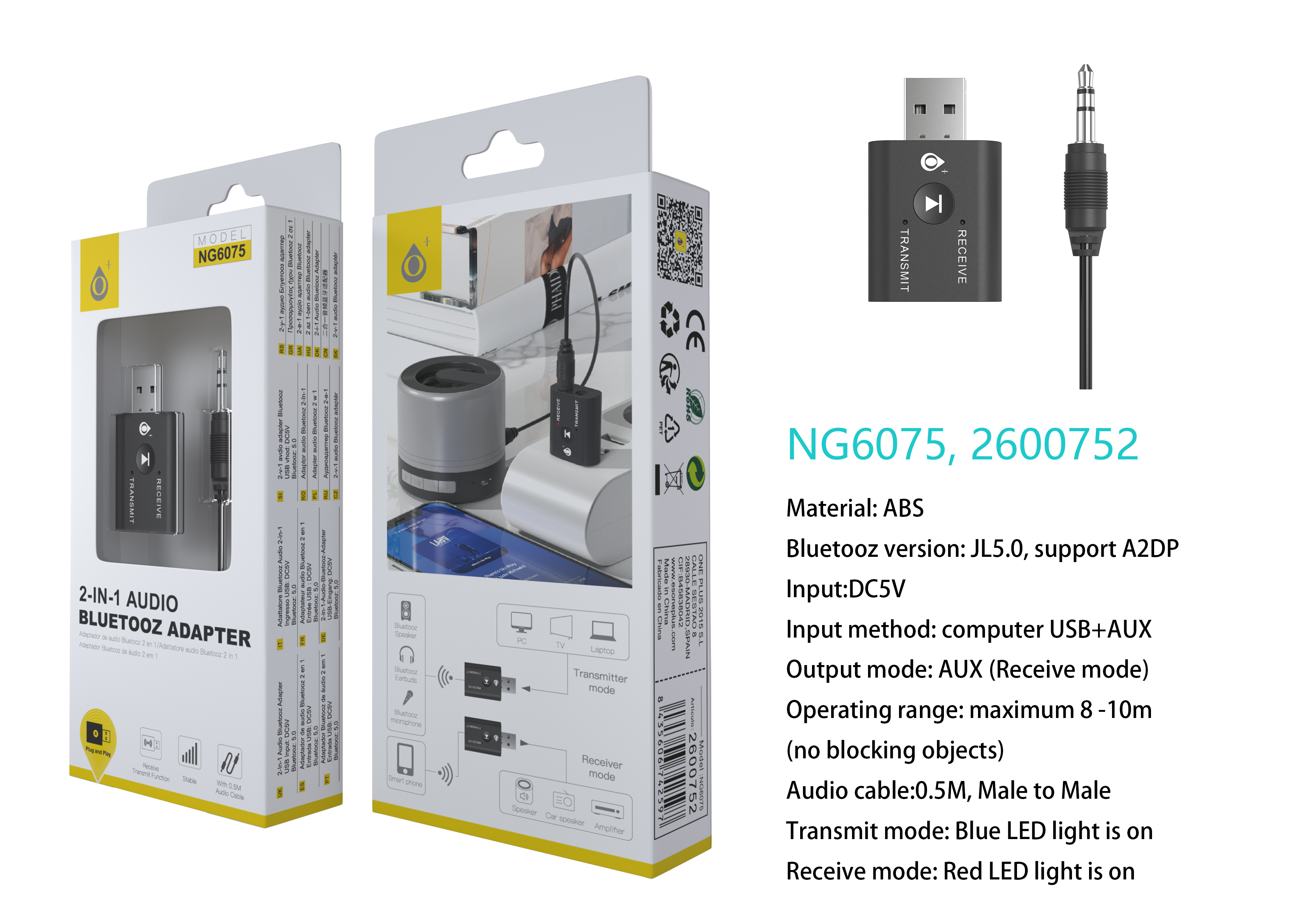 NG6075 NE Adaptador Bluetooth 5.0, Con funcion de Transmisor y Receptor, cable audio 0.5m, Negro