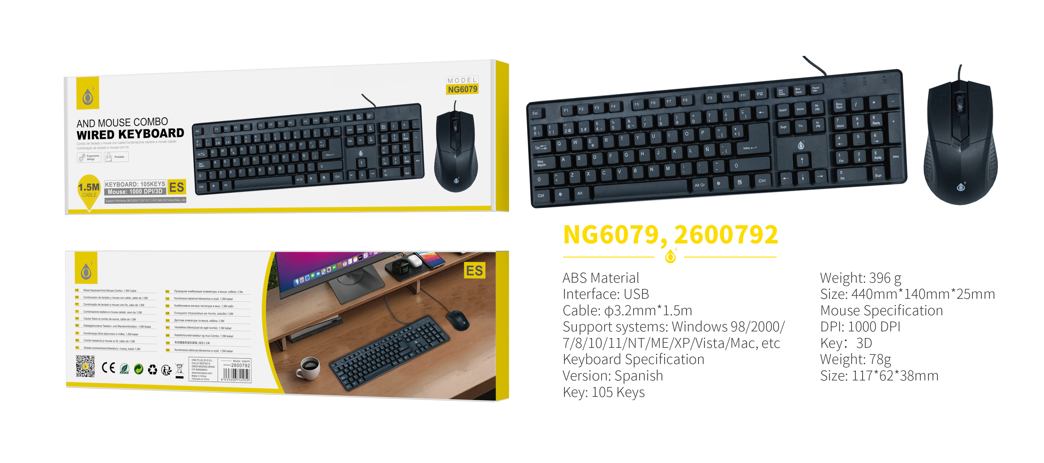 NG6079 NE Combo de teclado 105 key Espanol y raton 3D 1000DPI, Con cable 1.5m, Negro