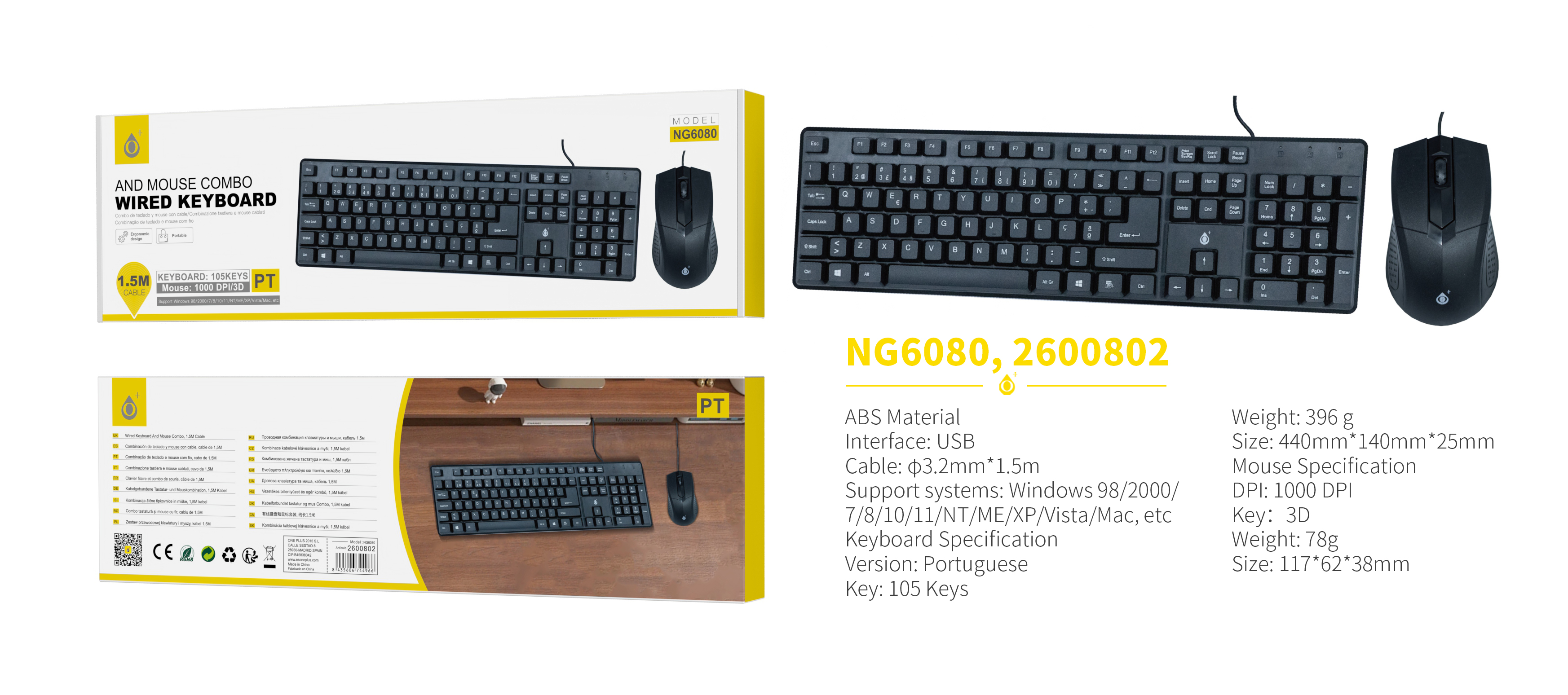 NG6080 NE Combo de teclado 105 key Portugues y raton 3D 1000DPI, Con cable 1.5m, Negro