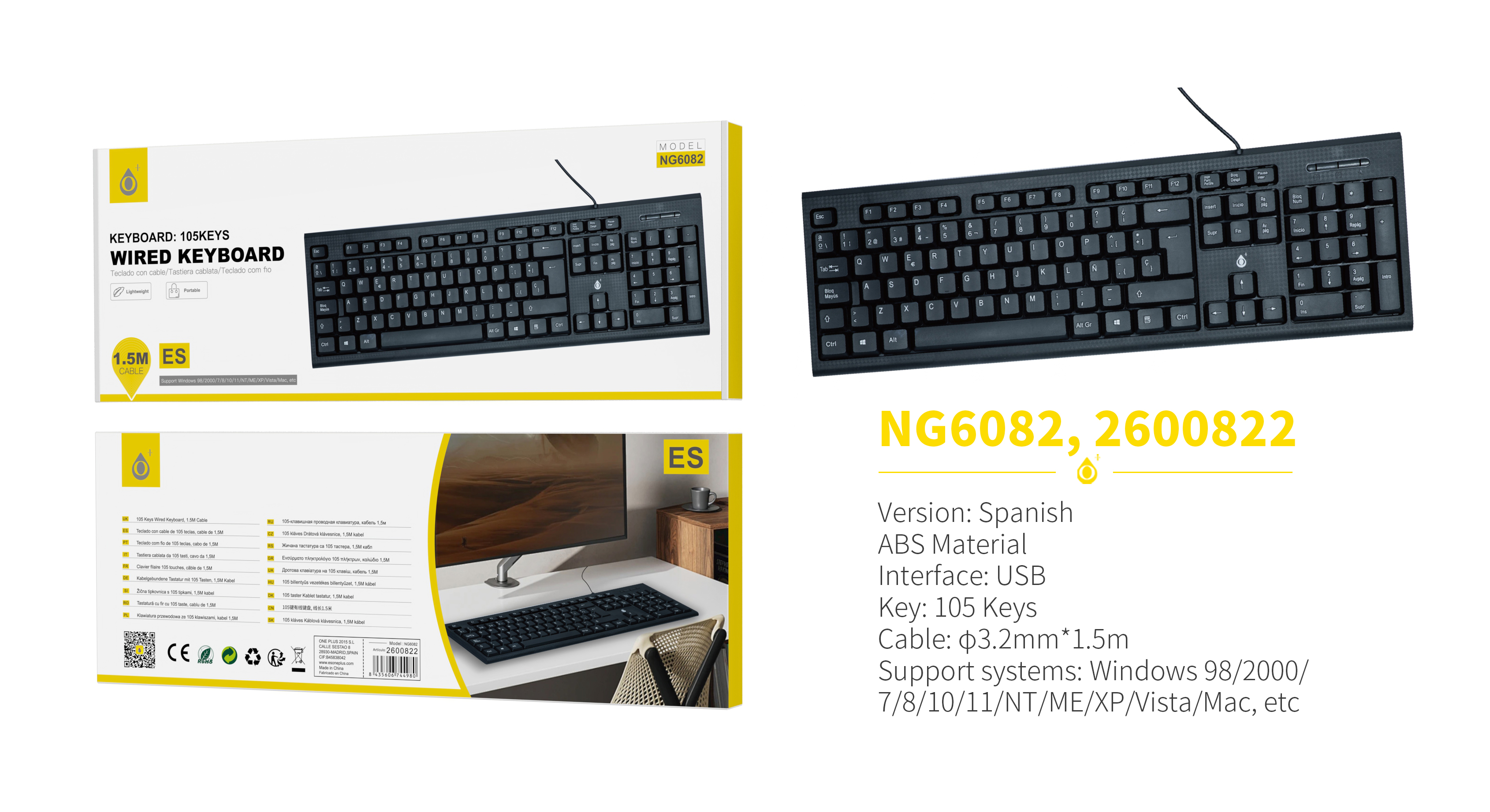 NG6082 NE Teclado con cable Espanol, 105Key, Cable 1.5m£¬Negro