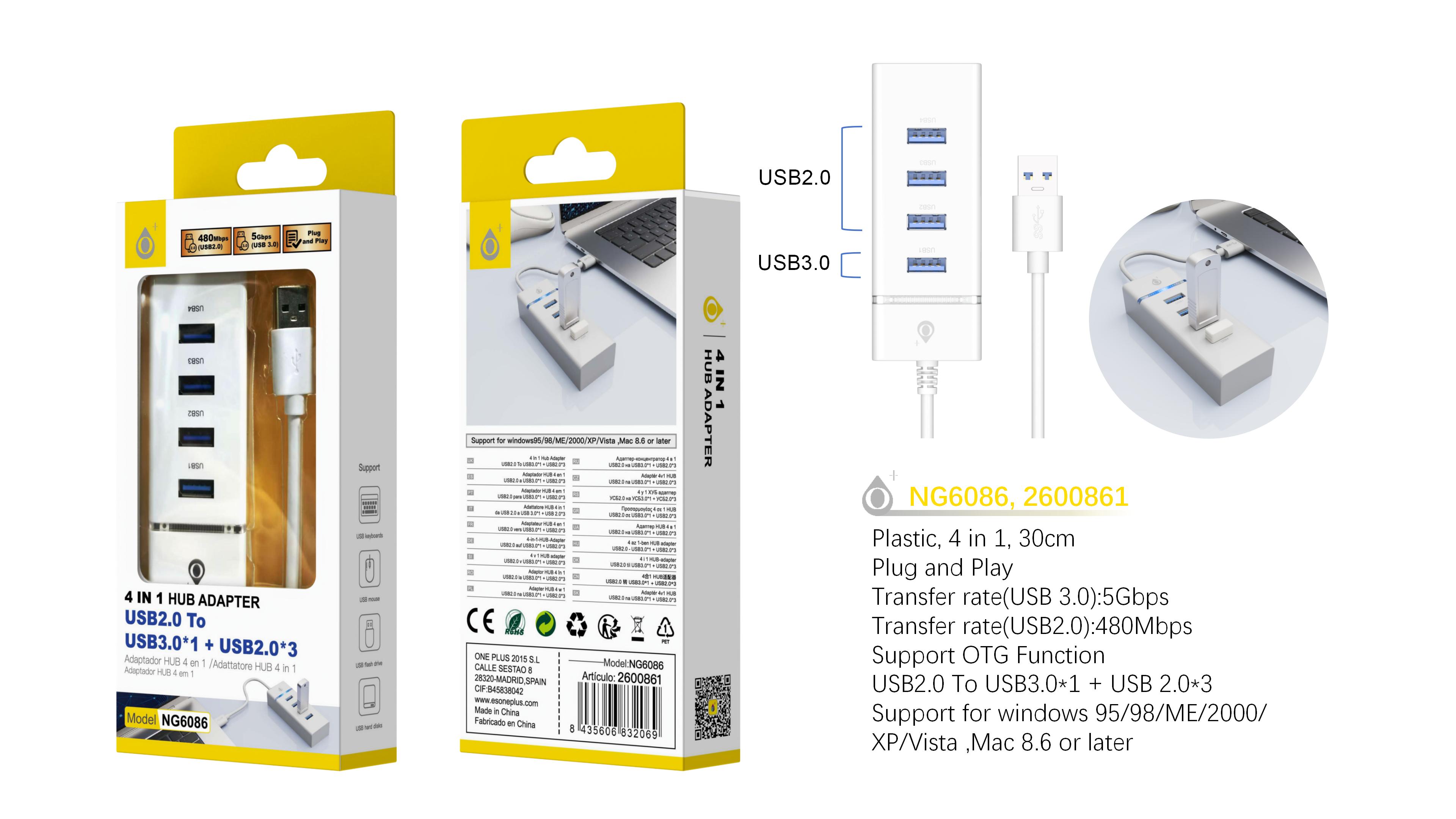 NG6086 BL Hubs USB 4 en 1 con funcion OTG 3 Puertos USB 2.0 480Mbps+1 puerto 3.0 5Gbps, Blanco