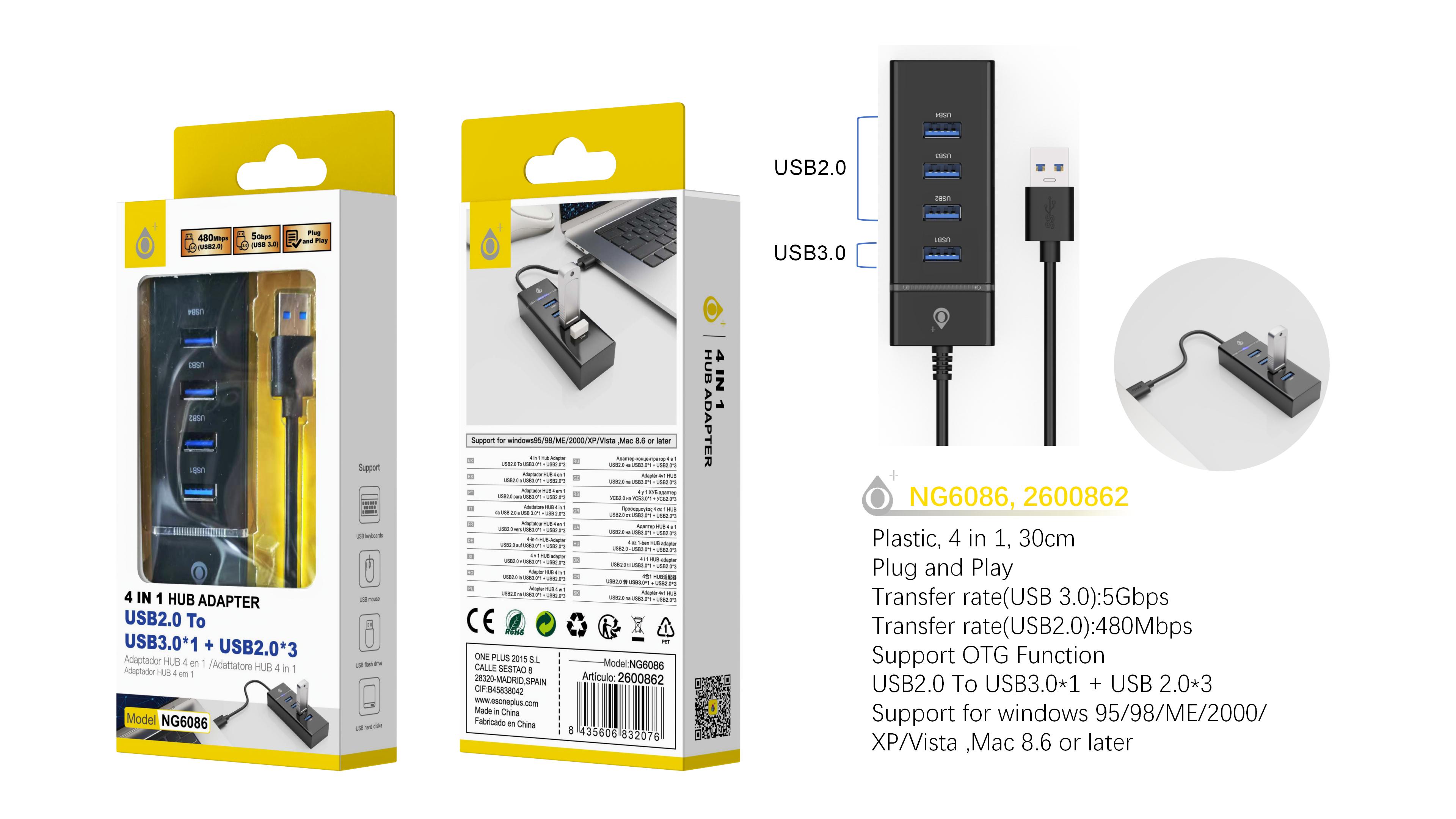 NG6086 NE Hubs USB 4 en 1 con funcion OTG 3 Puertos USB 2.0 480Mbps+1 puerto 3.0 5Gbps, Negro