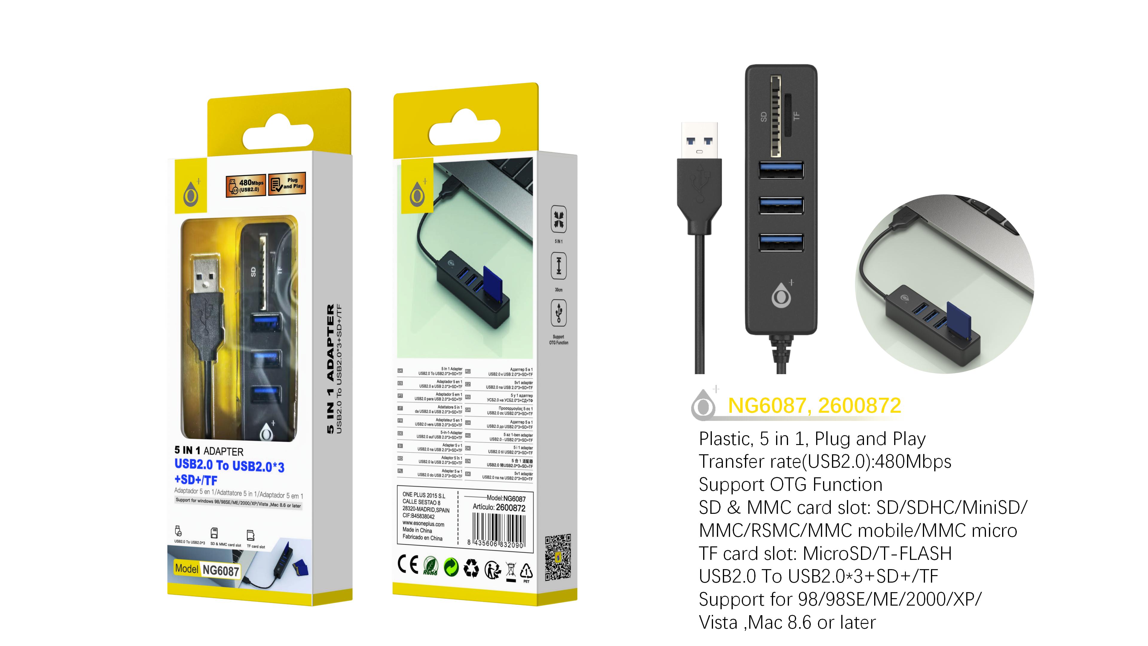 NG6087 NE Hubs USB 5 en 1 con funcion OTG 3 Puertos USB 2.0 480Mbps+tarjeta SD+TF, Negro