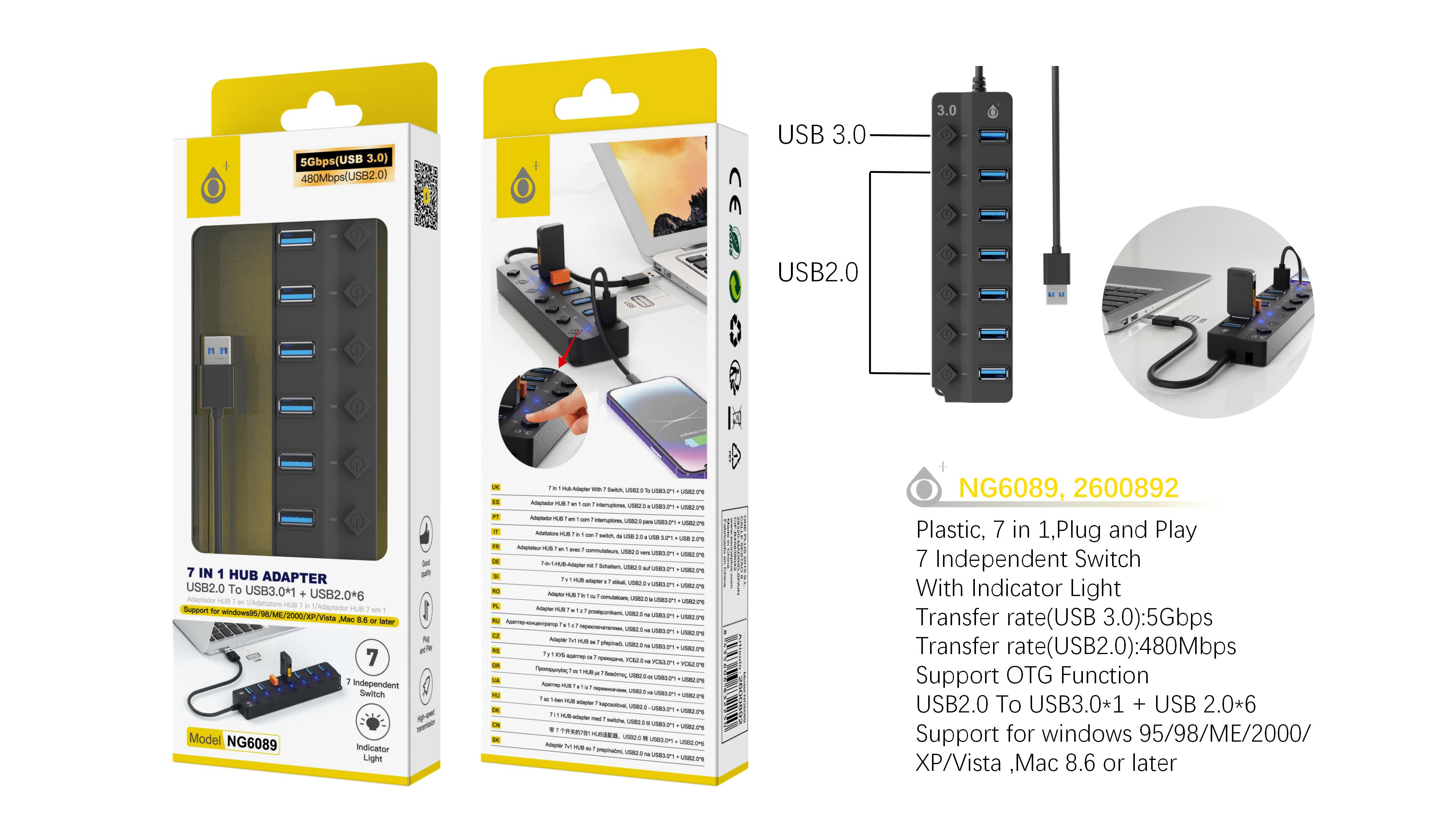 NG6089 NE Hubs USB 7 en 1  con interruptores LED de alimentacion Individuales, 6 Puertos USB 2.0 480