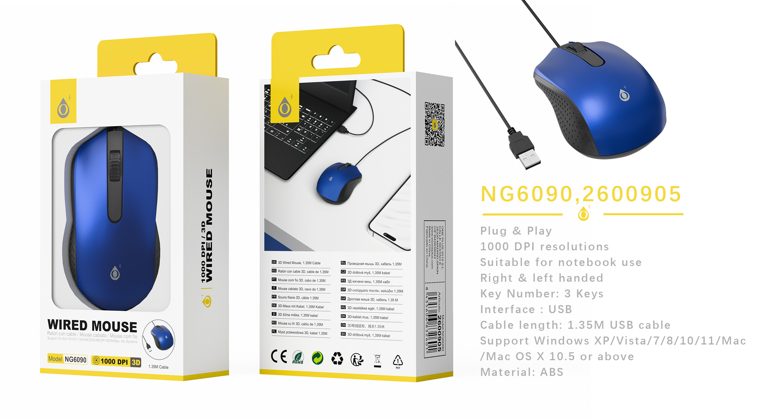 NG6090 AZ Raton 3D con cable 1.35M, 1000 DPI, Azul