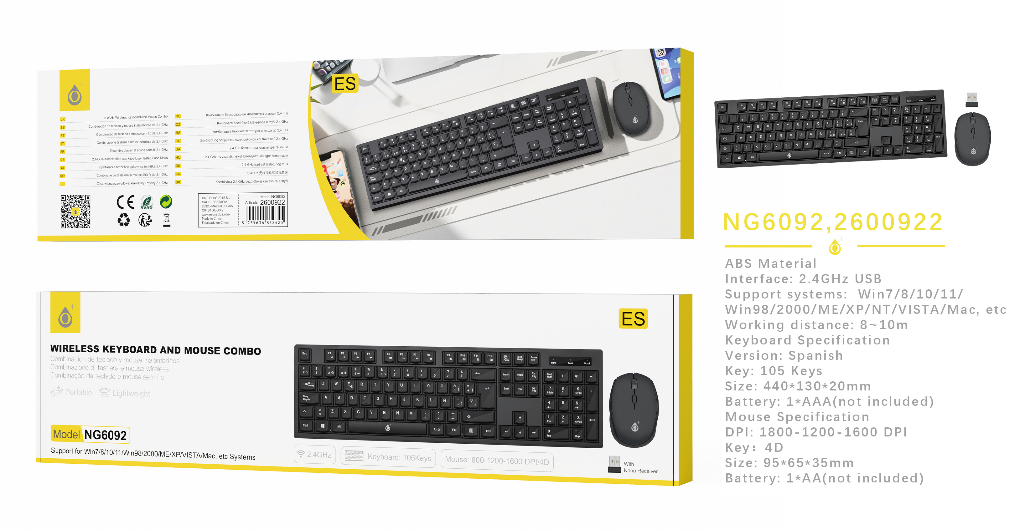 NG6092 NE Combo de teclado Espanol 105 keys y raton 4D 800-1600 DPI, Nano USB, Negro