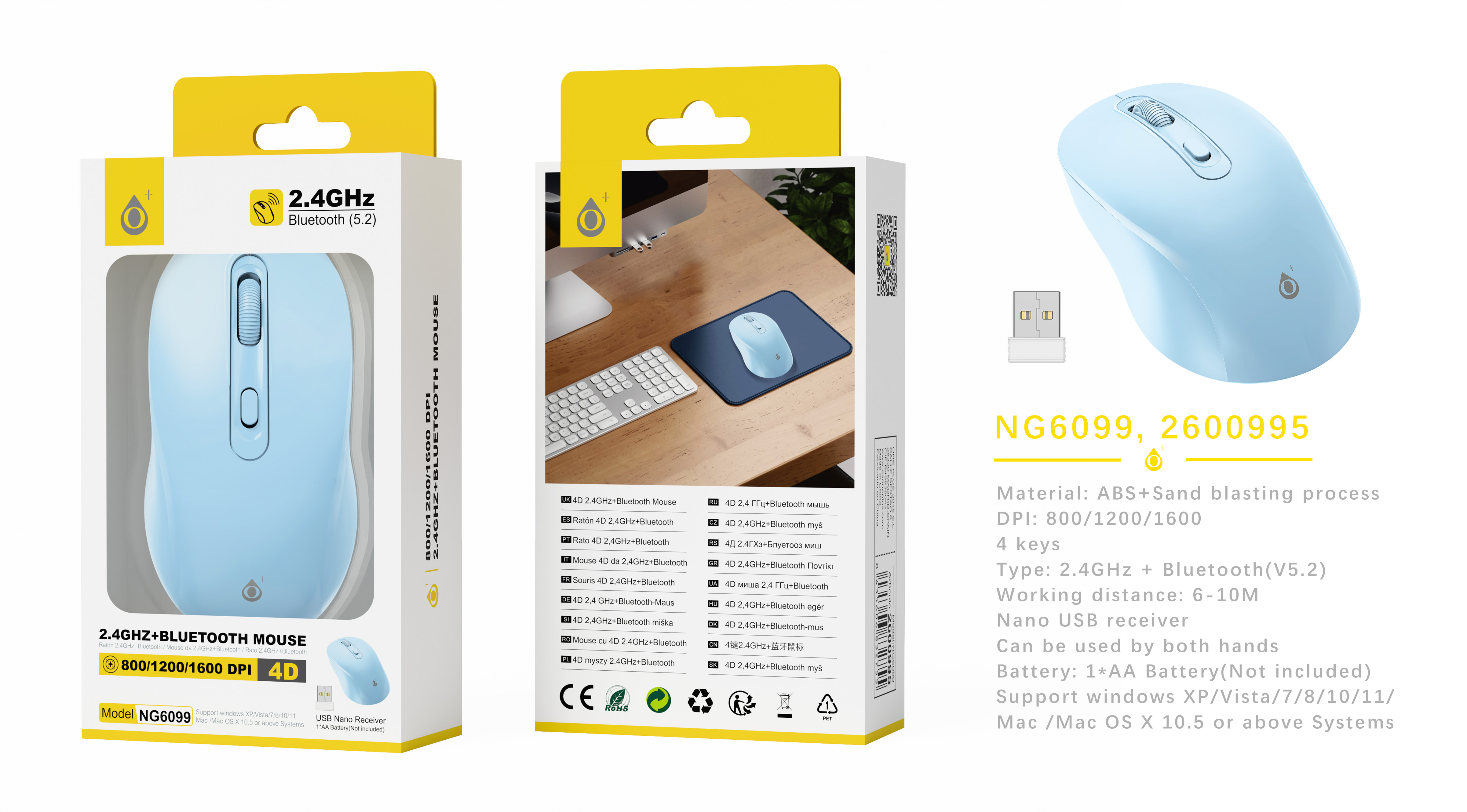 NG6099 AZ Raton Inalambrico dual modo nano USB+BLUETOOTH 5.2 4D/800-1600DPI, Bateria AA*1 No incluid