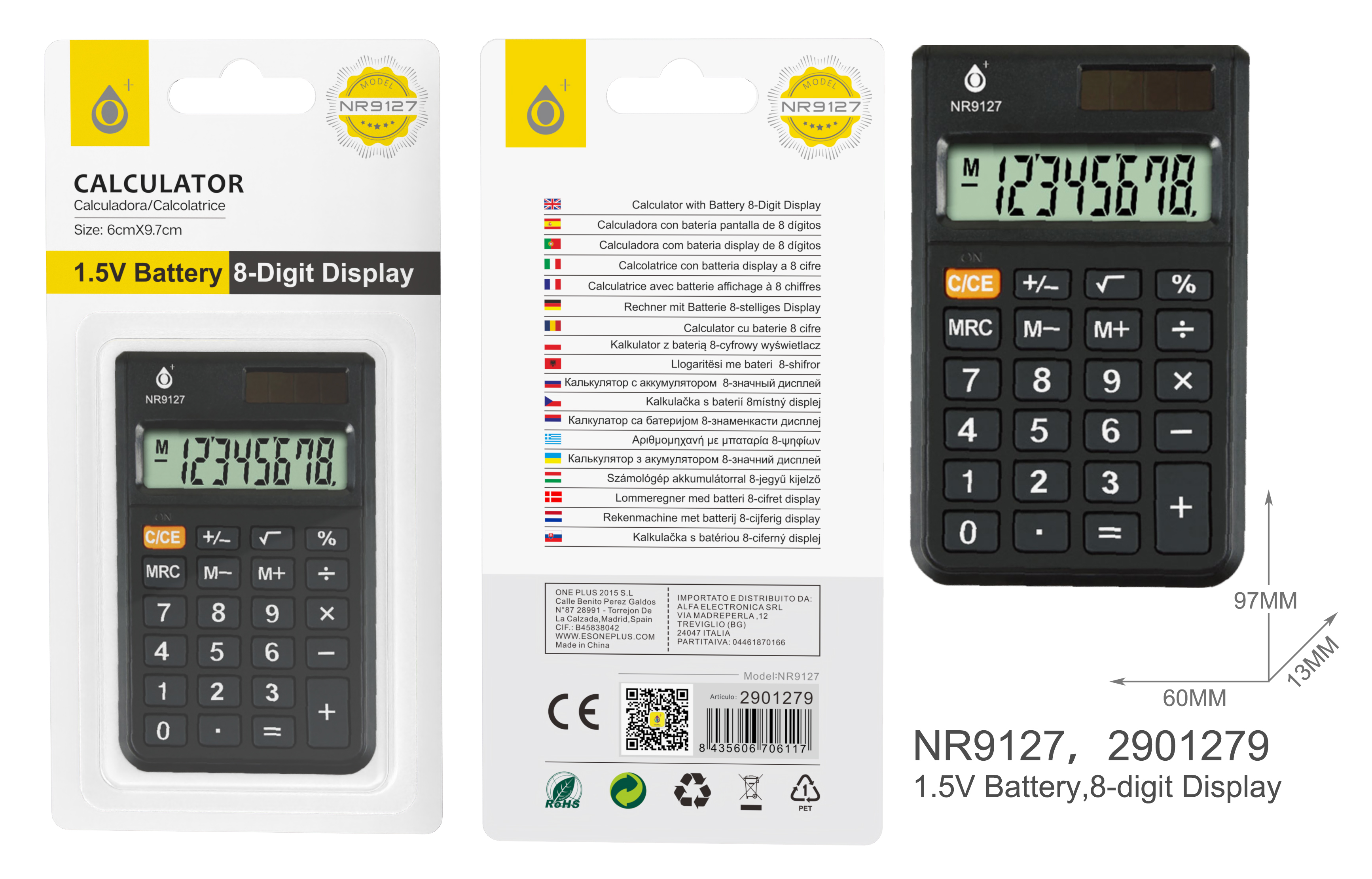 NR9127 NE Calculadora de 8 d¨ªgitos con Pantalla LCD, Energia Solar y Bater¨ªa 1,5V, Tama?o 9.7 x 6 cm, Negro