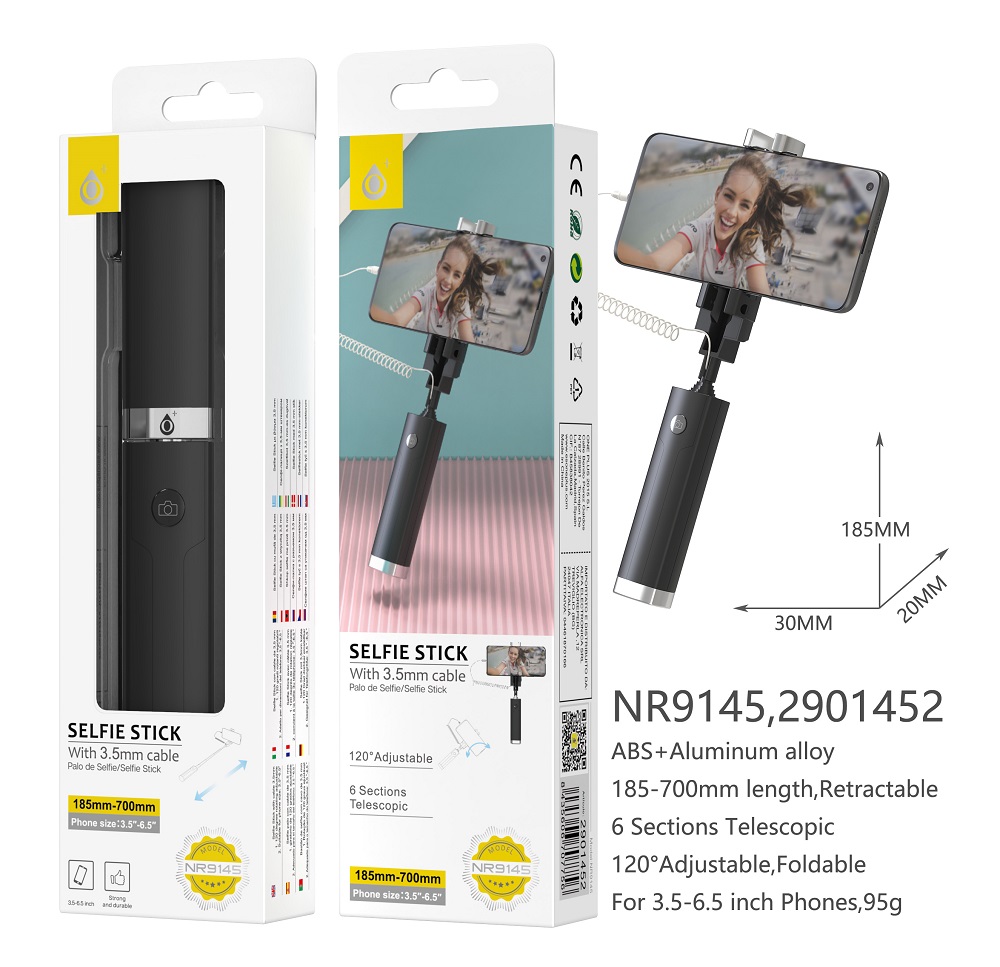 NR9145 NE Palo Selfie Universal con Cable de Jack 3.5mm, Compatible con Moviles de 3.5 - 6.5 Pulgadas, Longitud de 18.5cm-70cm, Negro
