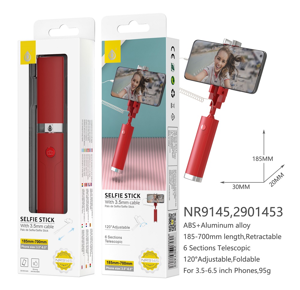 NR9145 RJ Palo Selfie Universal con Cable de Jack 3.5mm, Compatible con Moviles de 3.5 - 6.5 Pulgadas, Longitud de 18.5cm-70cm, Rojo