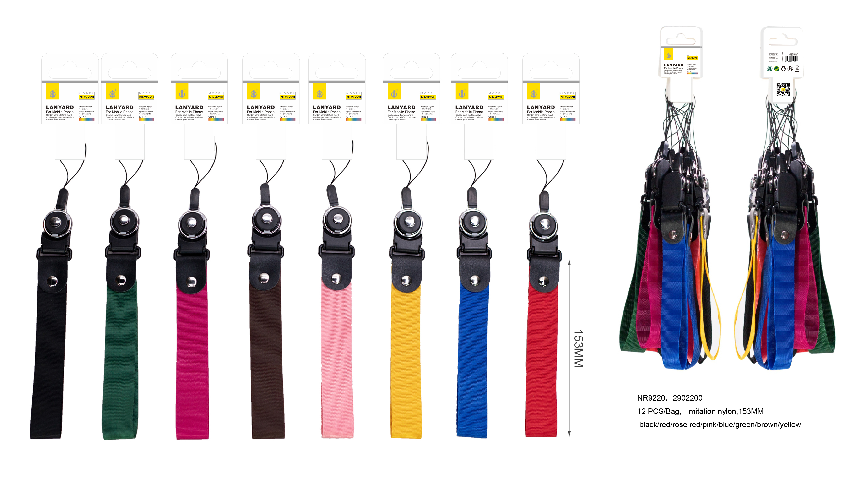 NR9220, MIX Cordon para Telefono Movil Color Liso, 15.3 CM de Largo, VENDE POR PACK (12 uni), Multicolor