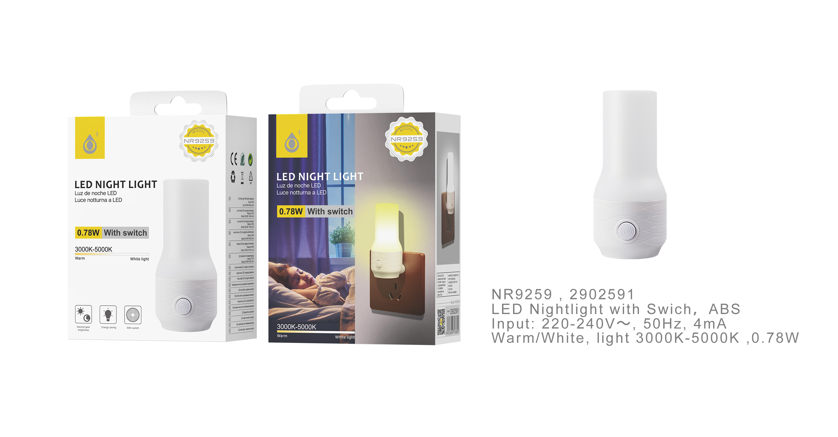 NR9259 BL Luz nocturna con interruptor off/on de LED 0.8W, Blanco