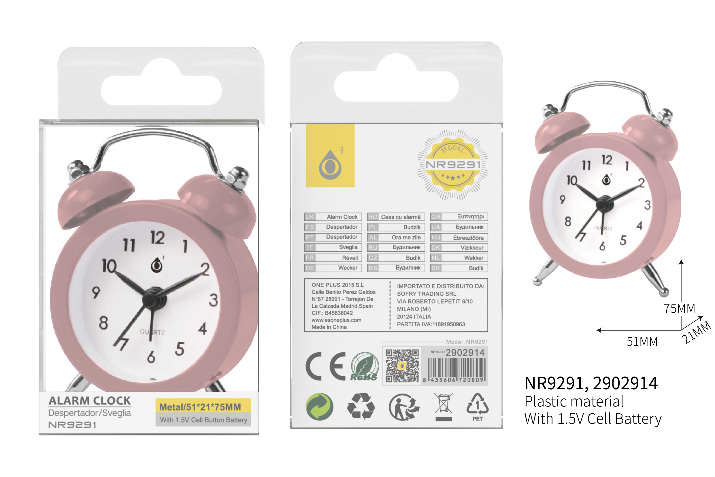 NR9291 RS Reloj con Despertador,Incluye Pila de boton ,6*2.5*8 CM,Rosa