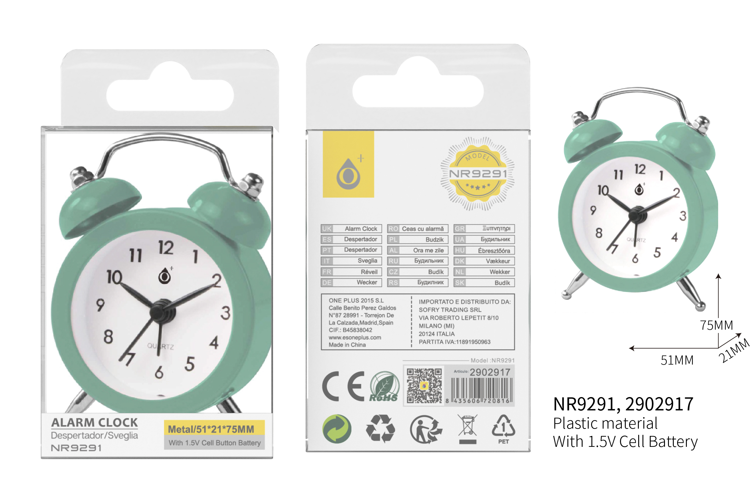 NR9291 VE Reloj con Despertador,Incluye Pila de boton ,6*2.5*8 CM,Verde