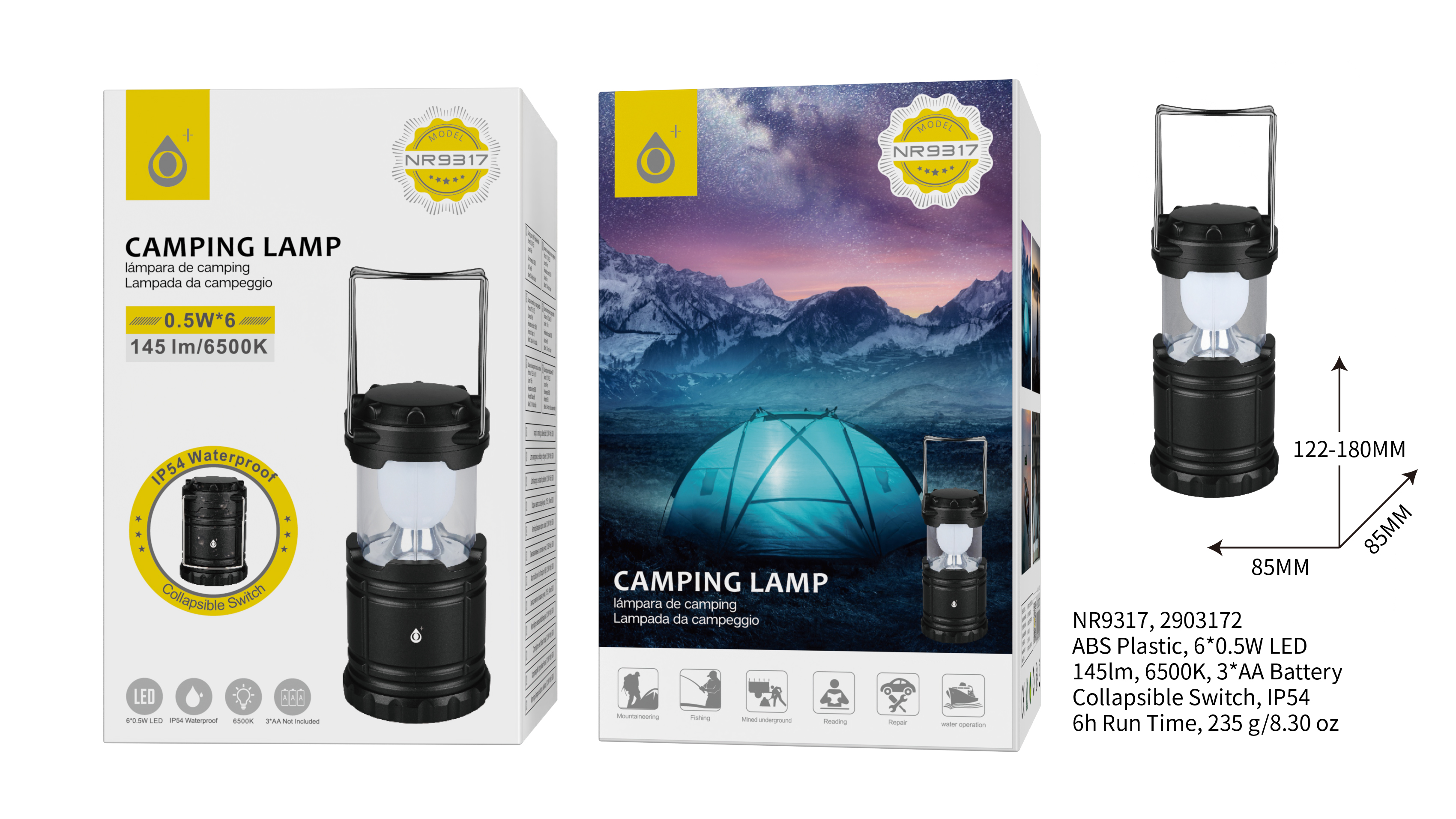 NR9317 NE Linterna   de Camping plegable,Resistentes al Agua,6 hora de uso,Negro